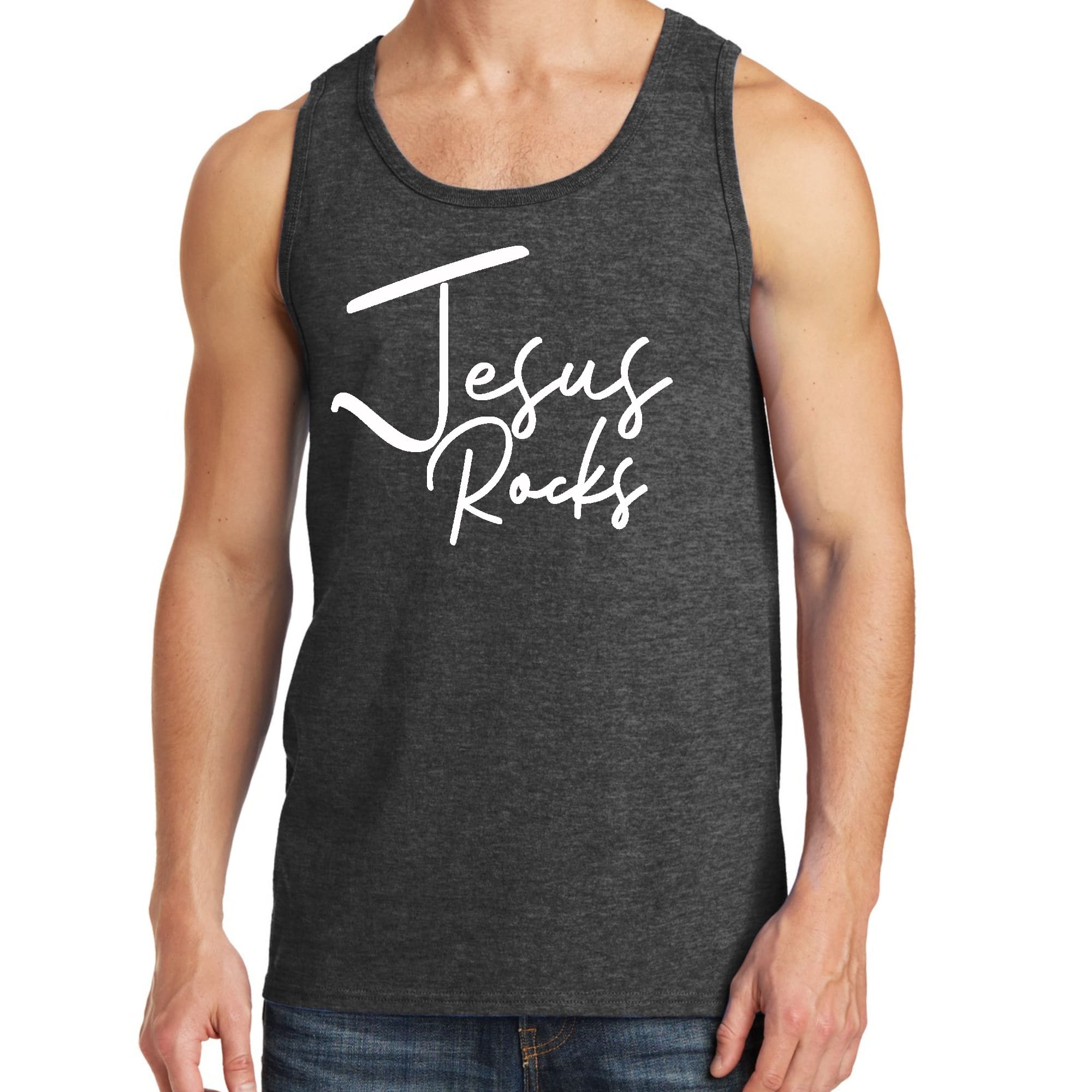Mens Fitness Tank Top Graphic T-shirt Jesus Rocks Print