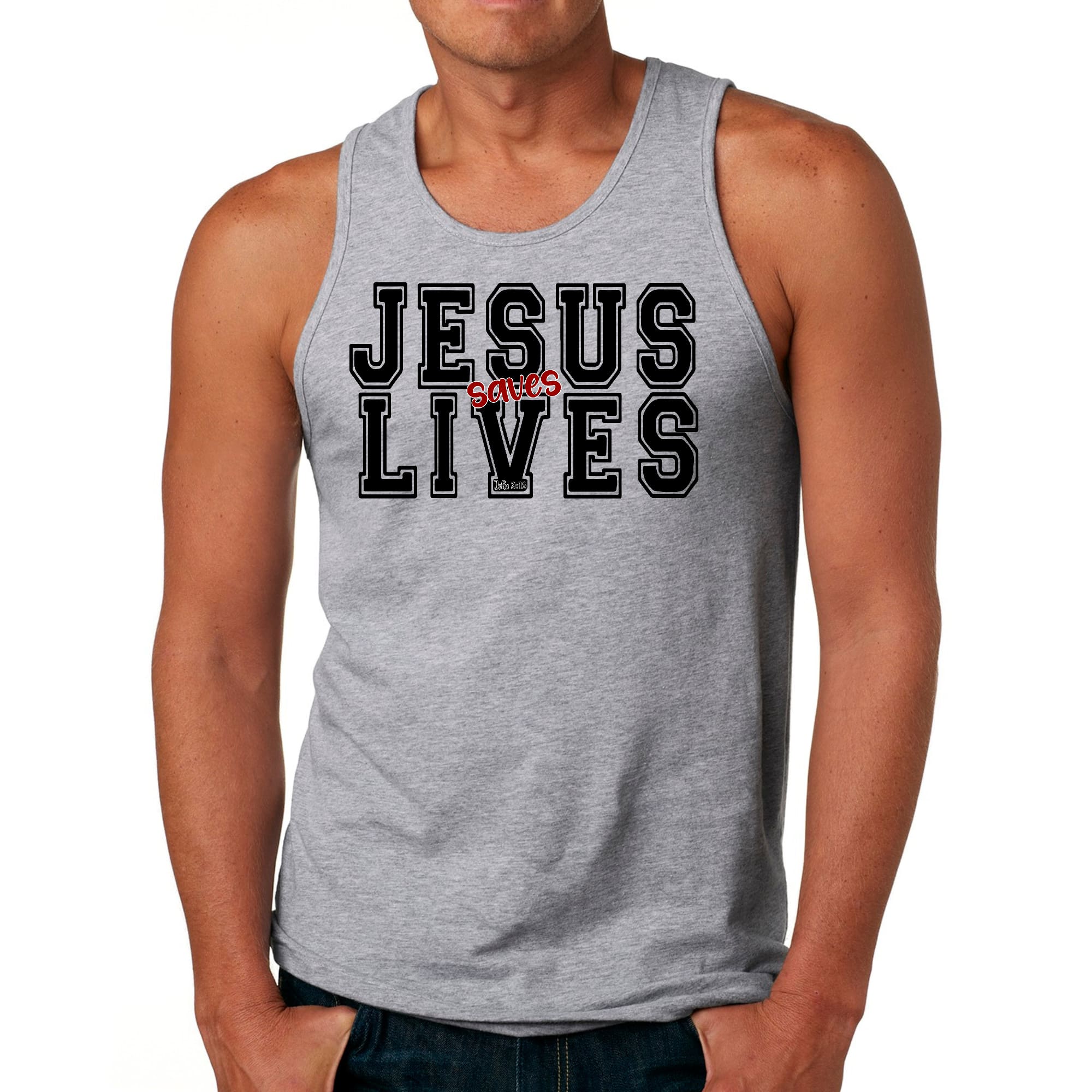 Mens Fitness Tank Top Graphic T-shirt Jesus Saves Lives Black Red