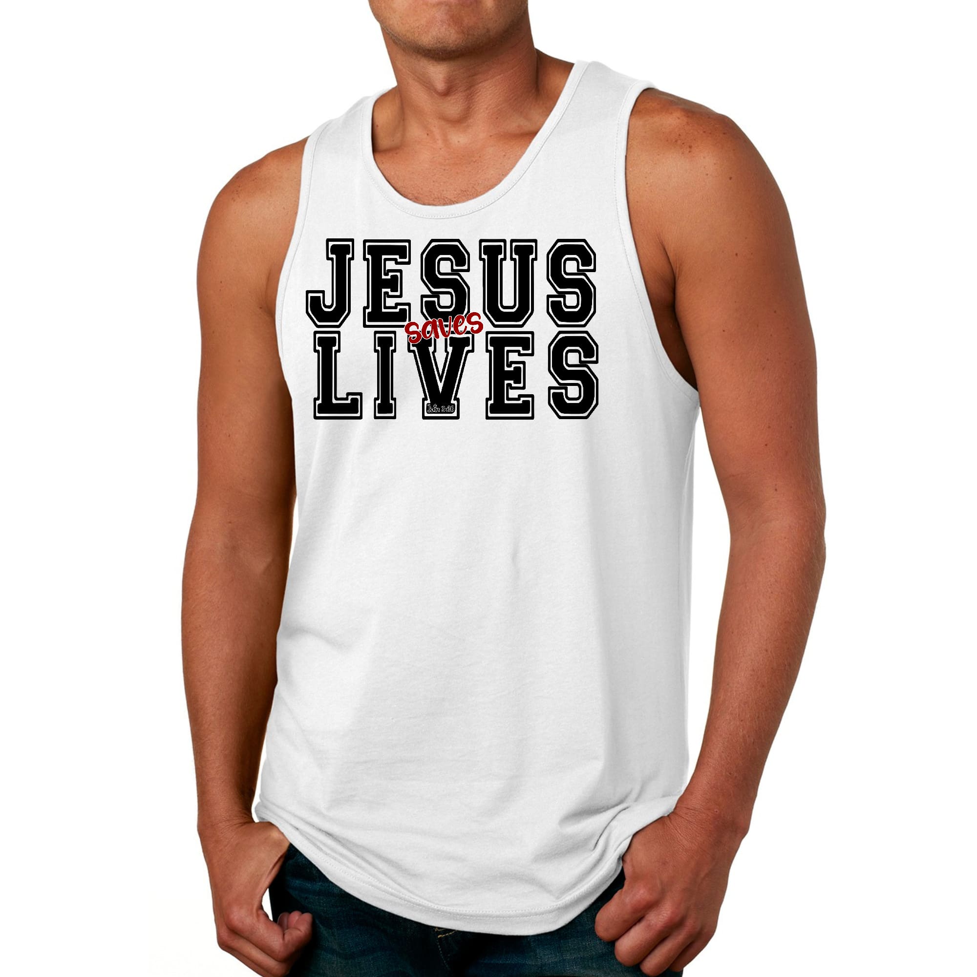 Mens Fitness Tank Top Graphic T-shirt Jesus Saves Lives Black Red