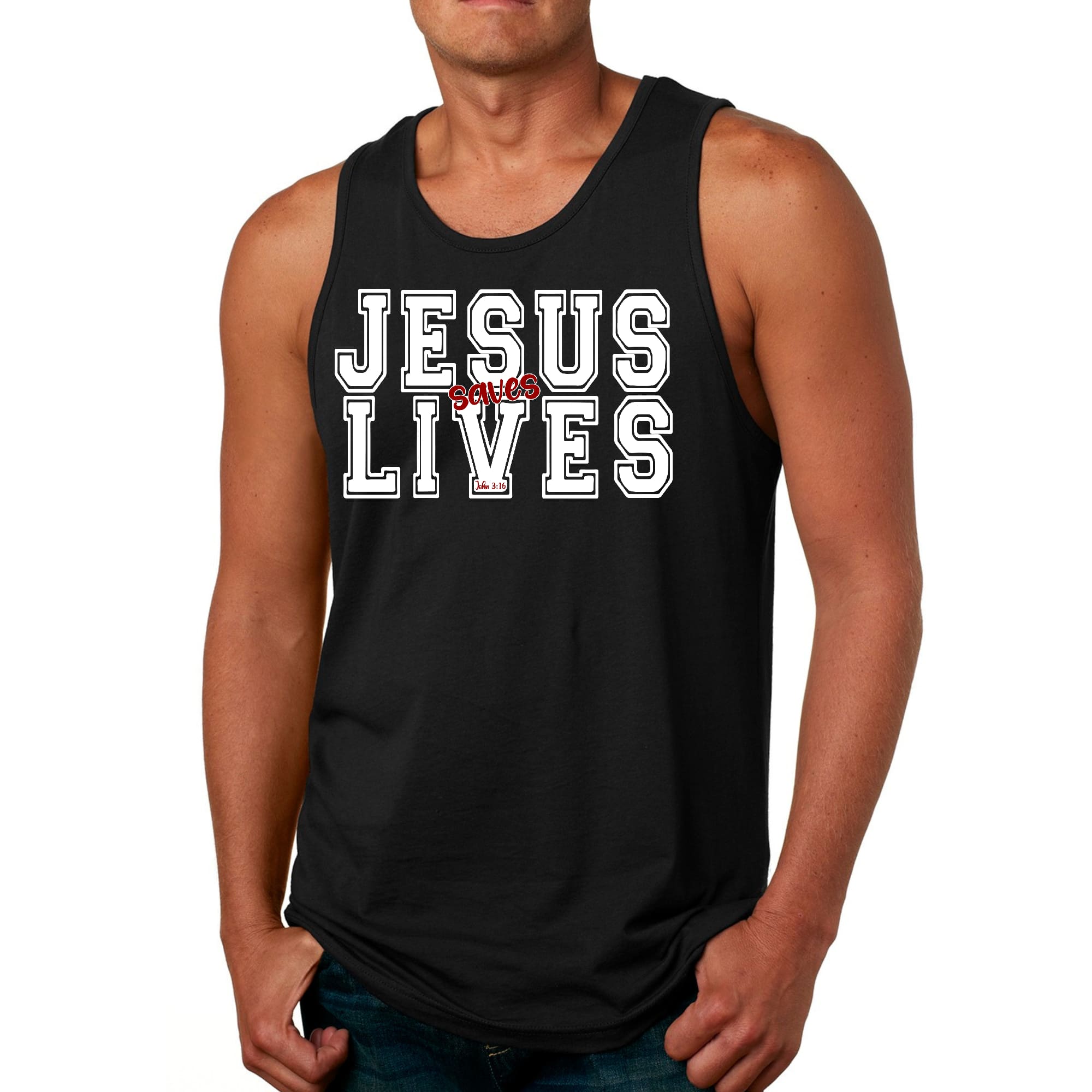 Mens Fitness Tank Top Graphic T-shirt Jesus Saves Lives White Red