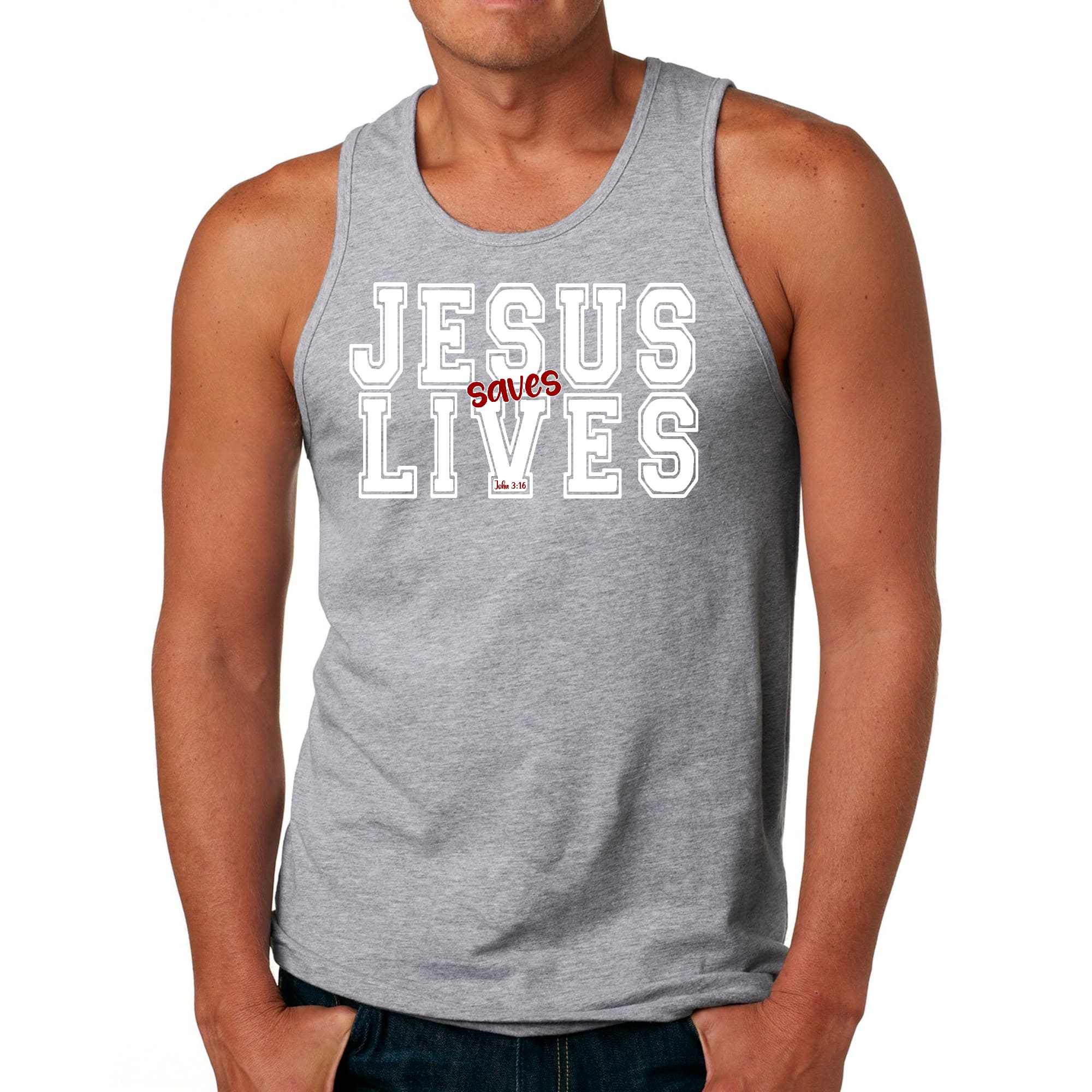 Mens Fitness Tank Top Graphic T-shirt Jesus Saves Lives White Red