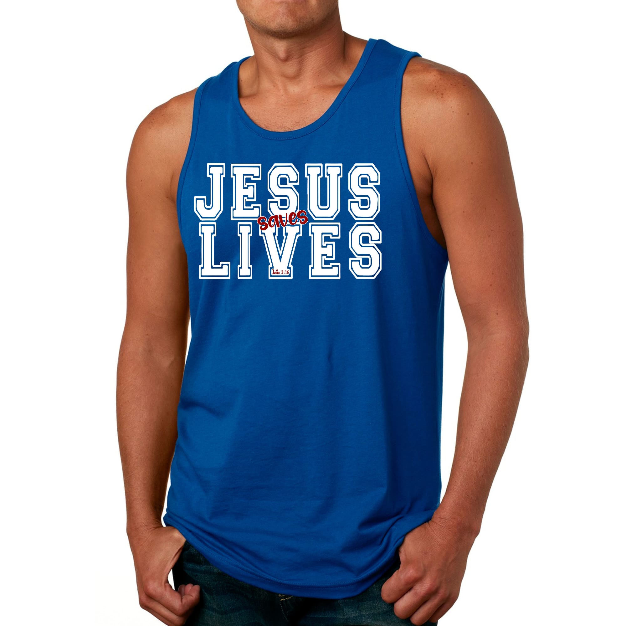 Mens Fitness Tank Top Graphic T-shirt Jesus Saves Lives White Red