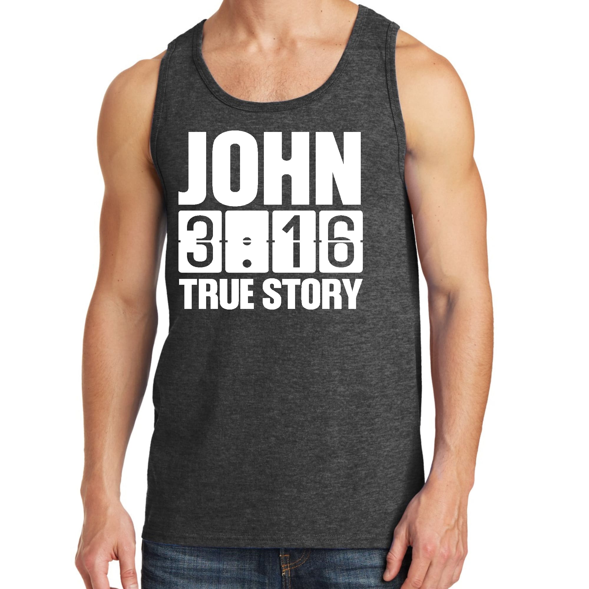 Mens Fitness Tank Top Graphic T-shirt John 3:16 True Story Print
