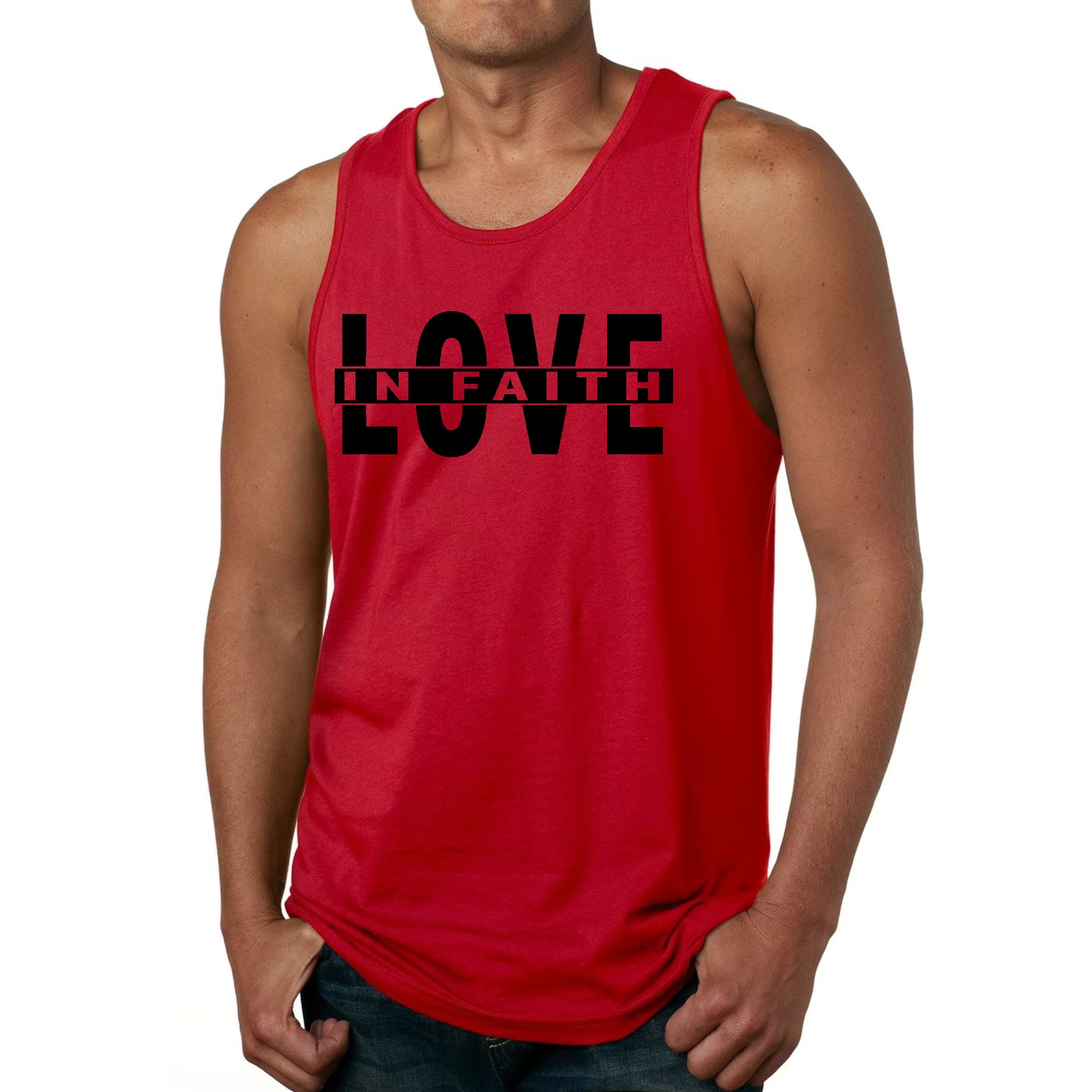 Mens Fitness Tank Top Graphic T-shirt Love in Faith Black Illustration