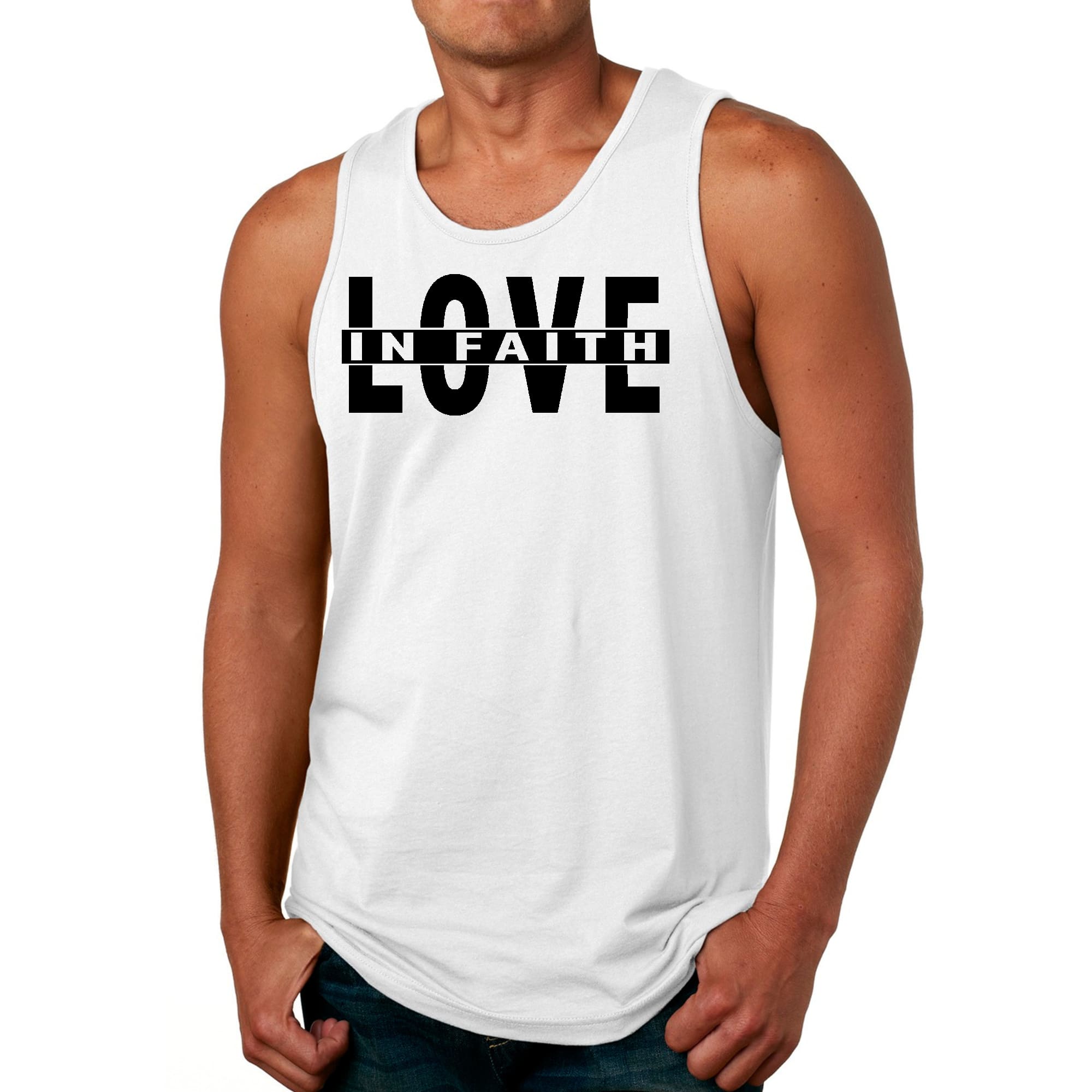 Mens Fitness Tank Top Graphic T-shirt Love in Faith Black Illustration