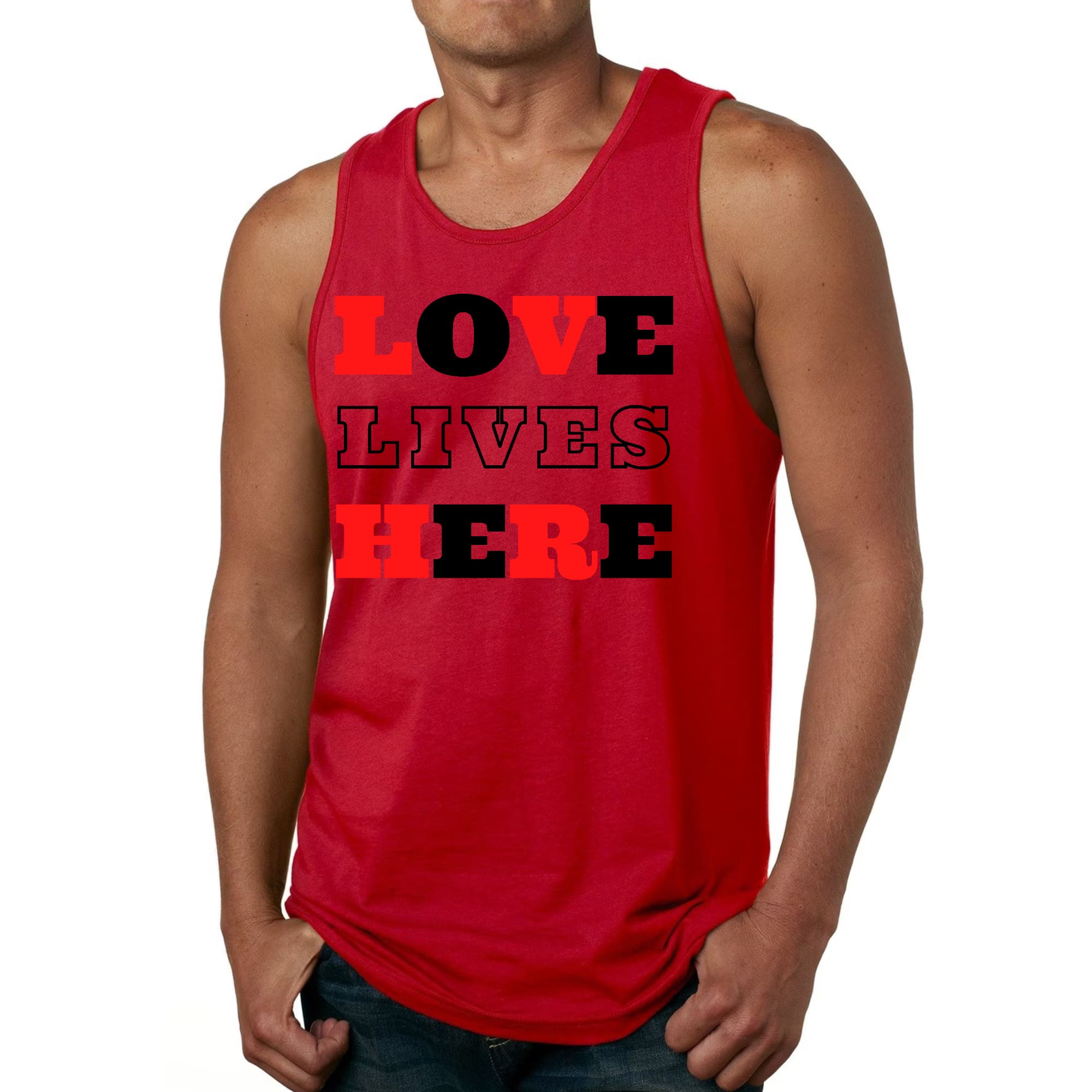 Mens Fitness Tank Top Graphic T-shirt Love Lives Here Christian Red