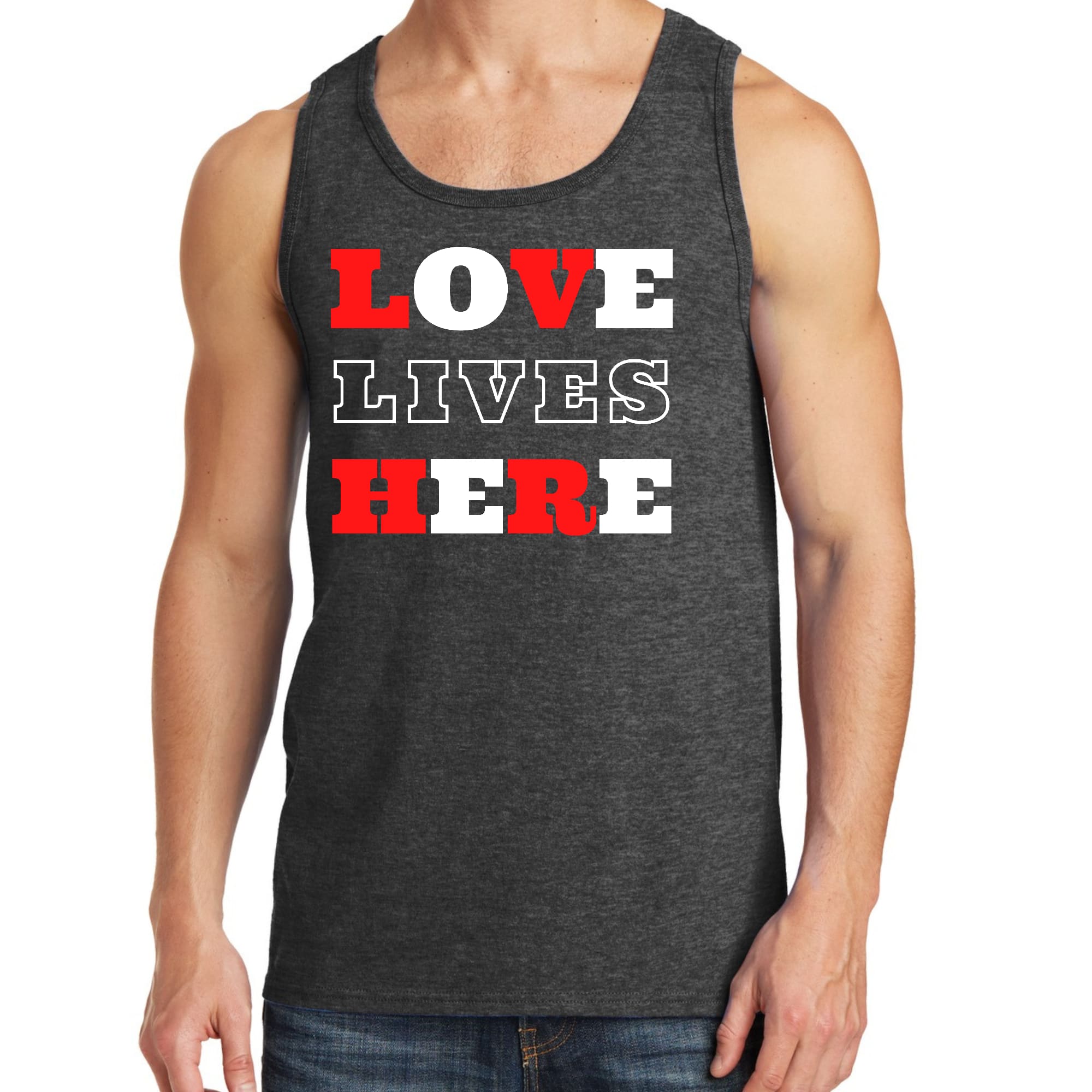 Mens Fitness Tank Top Graphic T-shirt Love Lives Here Christian