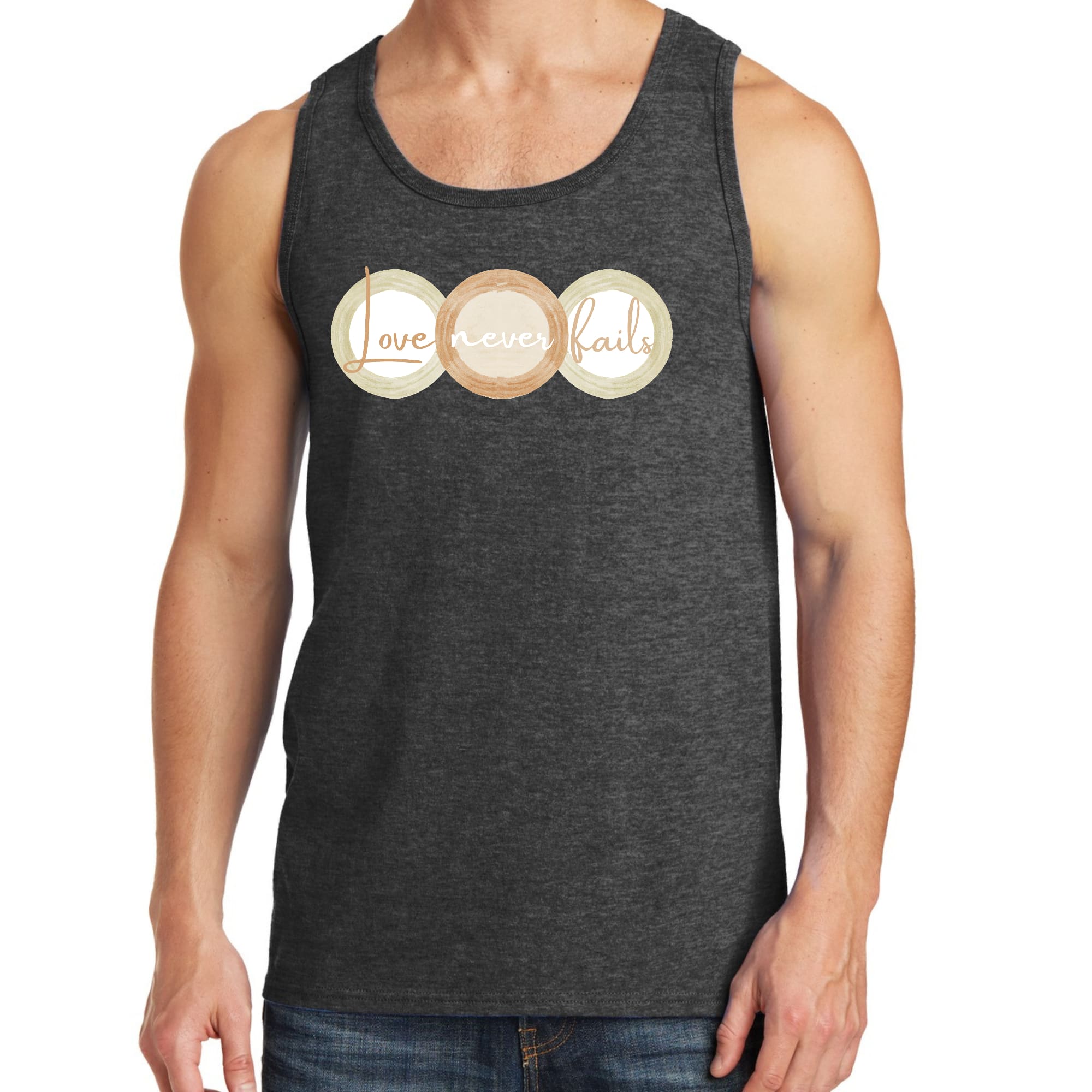 Mens Fitness Tank Top Graphic T-shirt Love Never Fails - Pastel Brown