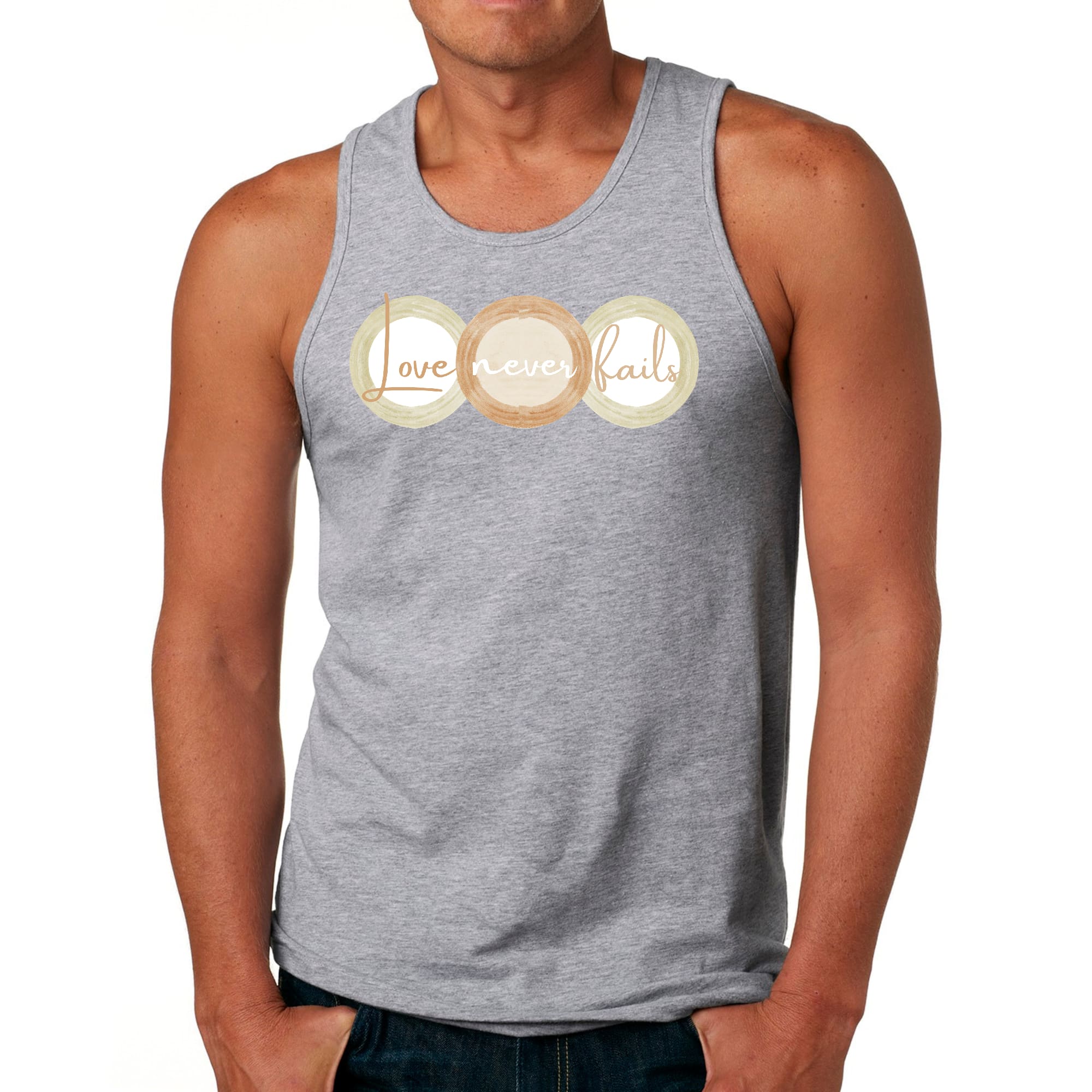 Mens Fitness Tank Top Graphic T-shirt Love Never Fails - Pastel Brown