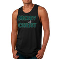 Mens Fitness Tank Top Graphic T-shirt Merry with Christ - Green Plaid