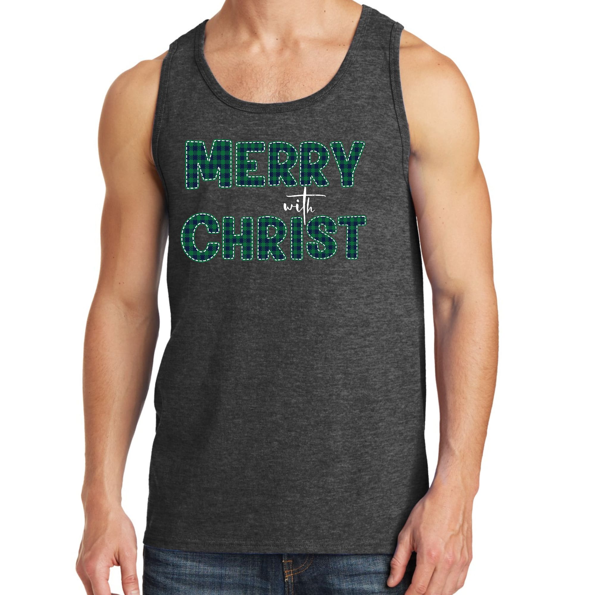 Mens Fitness Tank Top Graphic T-shirt Merry with Christ - Green Plaid