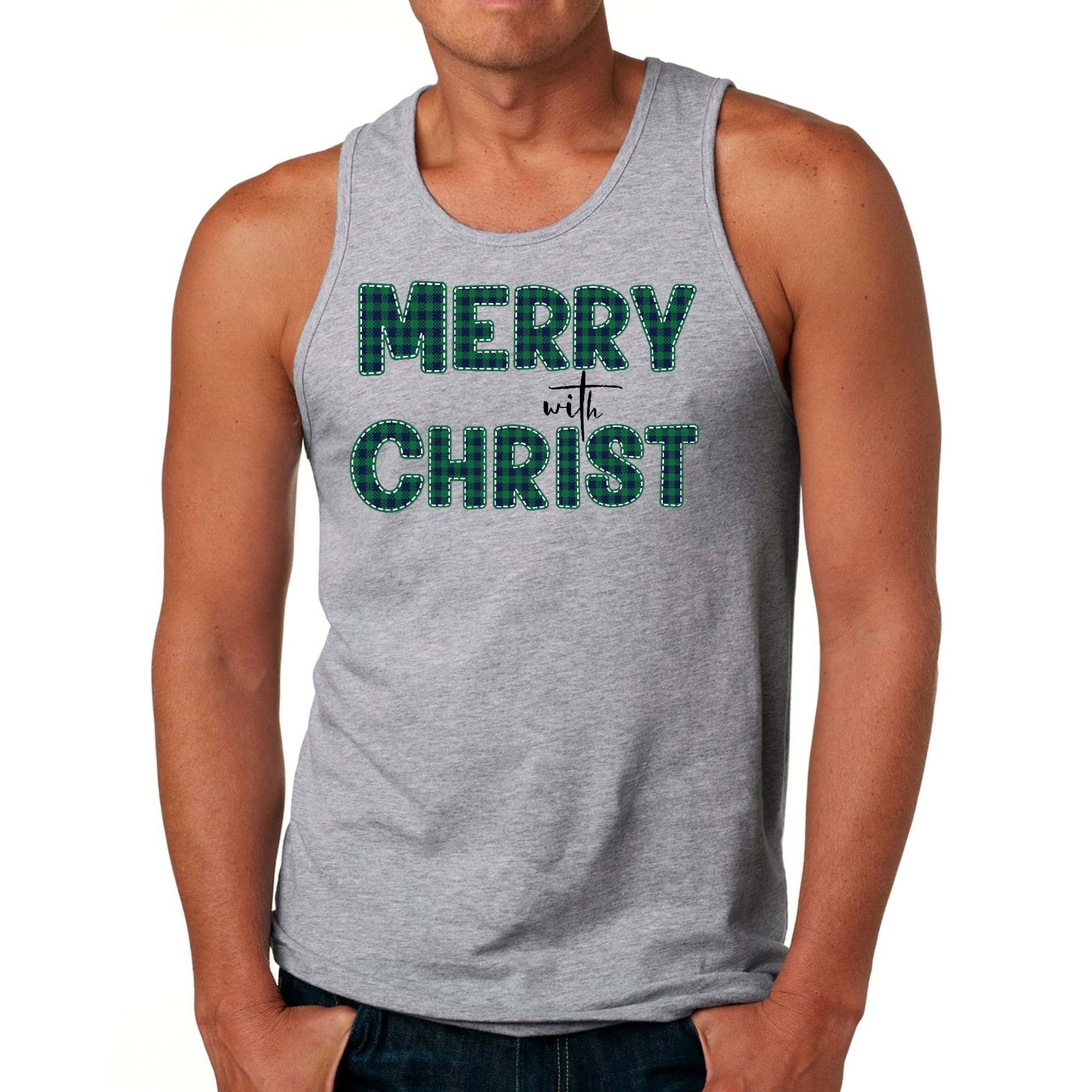 Mens Fitness Tank Top Graphic T-shirt Merry with Christ - Green Plaid