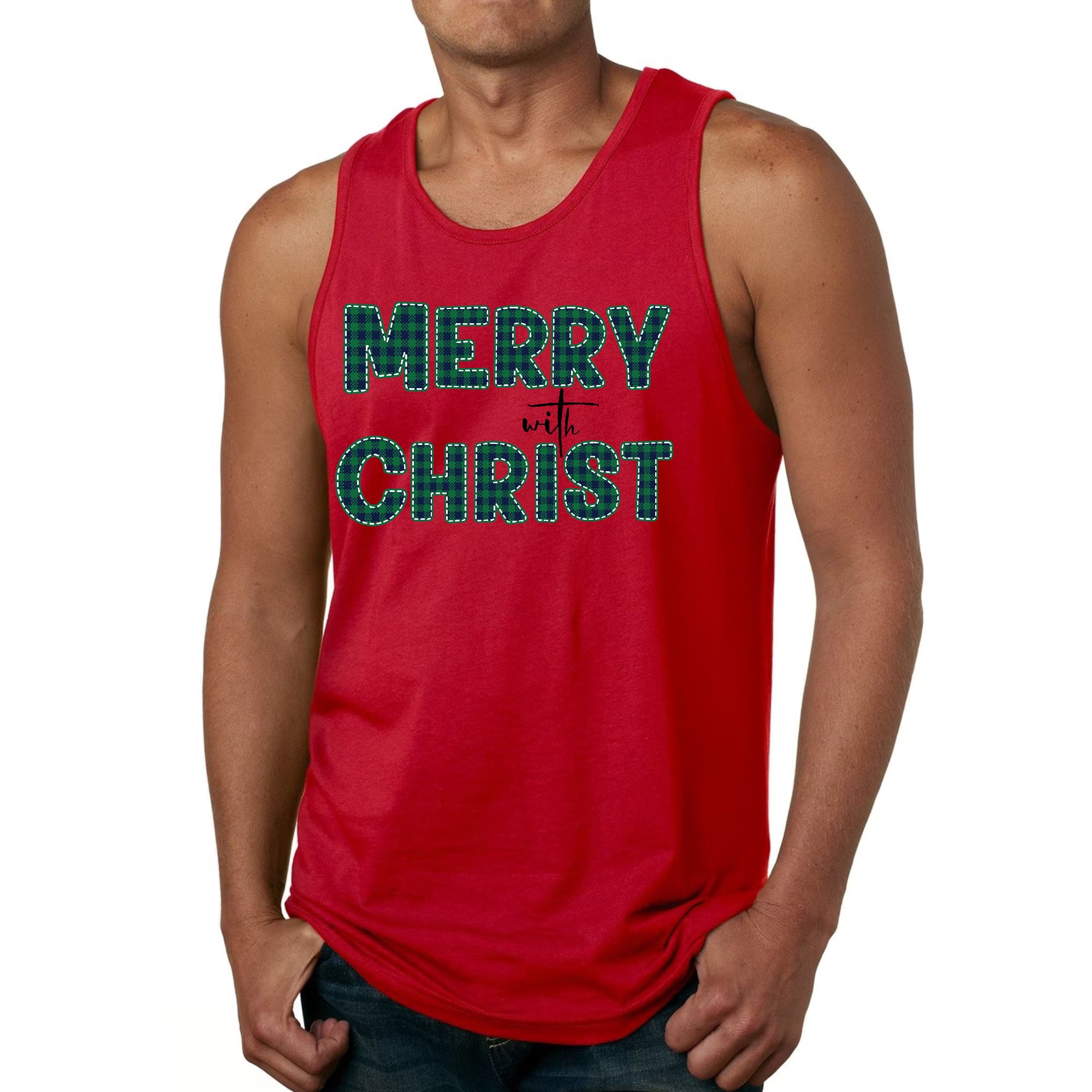 Mens Fitness Tank Top Graphic T-shirt Merry with Christ - Green Plaid
