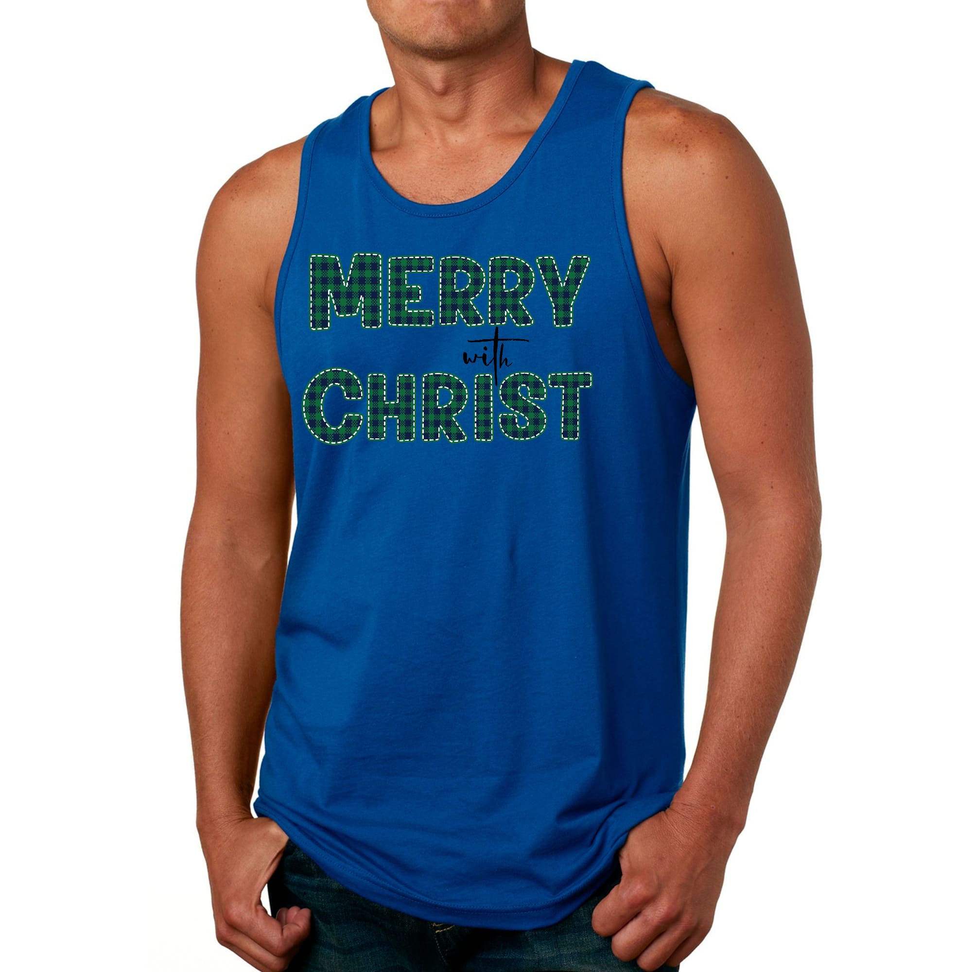 Mens Fitness Tank Top Graphic T-shirt Merry with Christ - Green Plaid