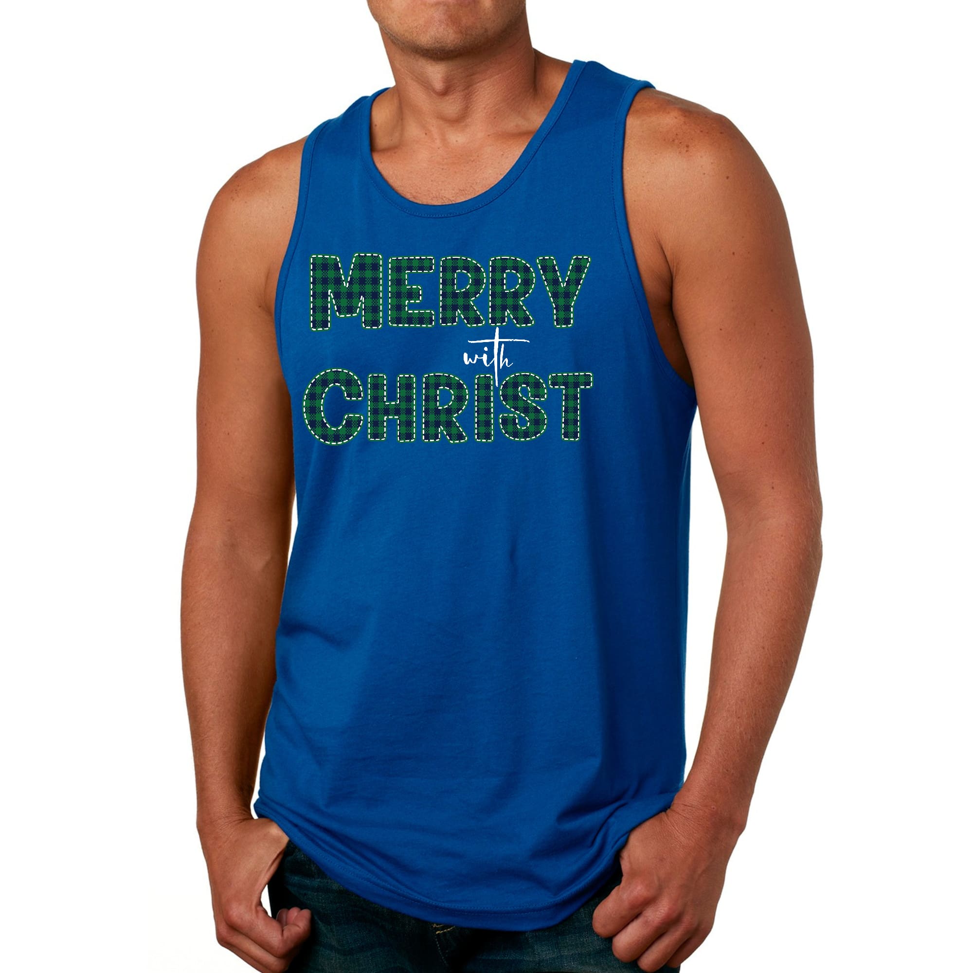 Mens Fitness Tank Top Graphic T-shirt Merry with Christ - Green Plaid