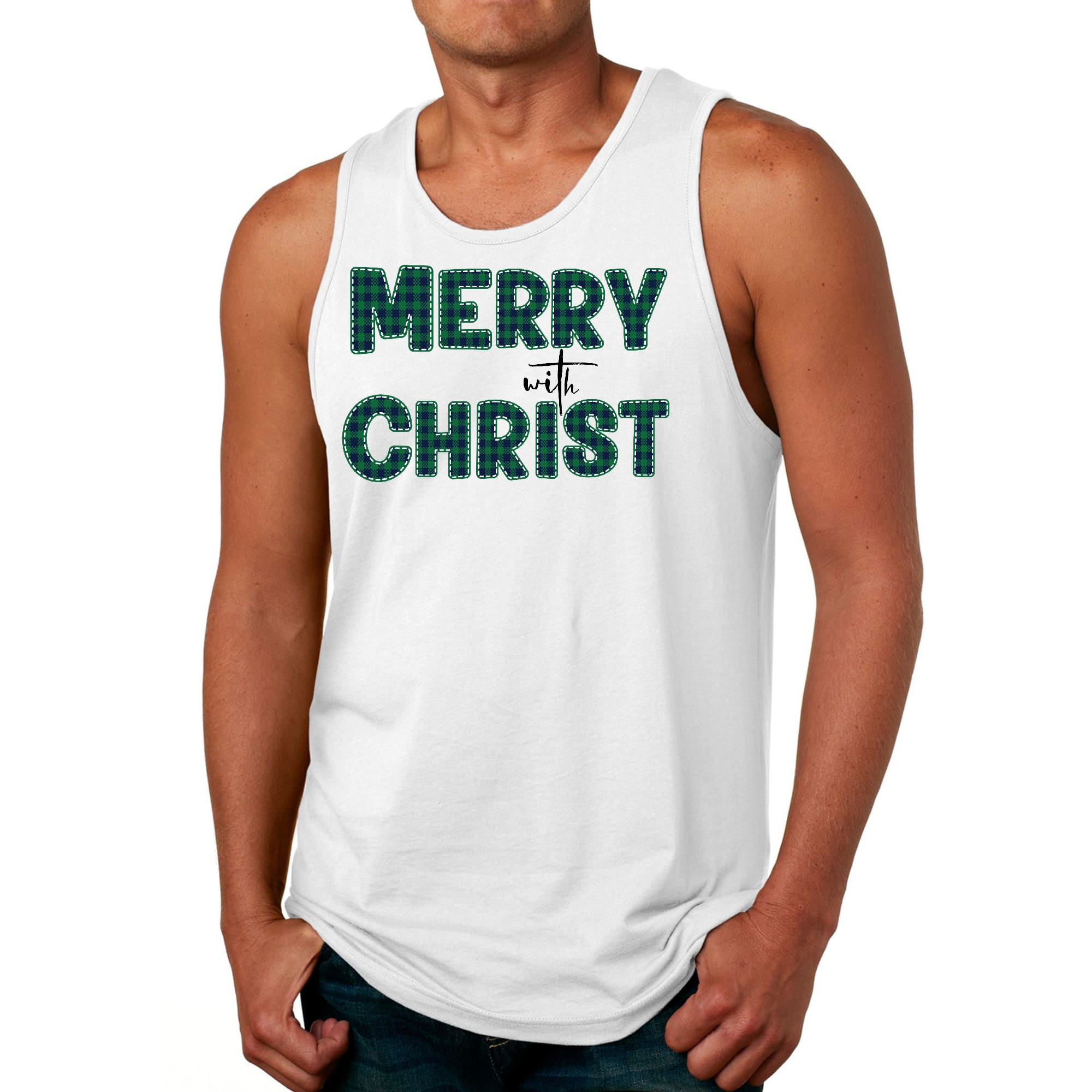 Mens Fitness Tank Top Graphic T-shirt Merry with Christ - Green Plaid