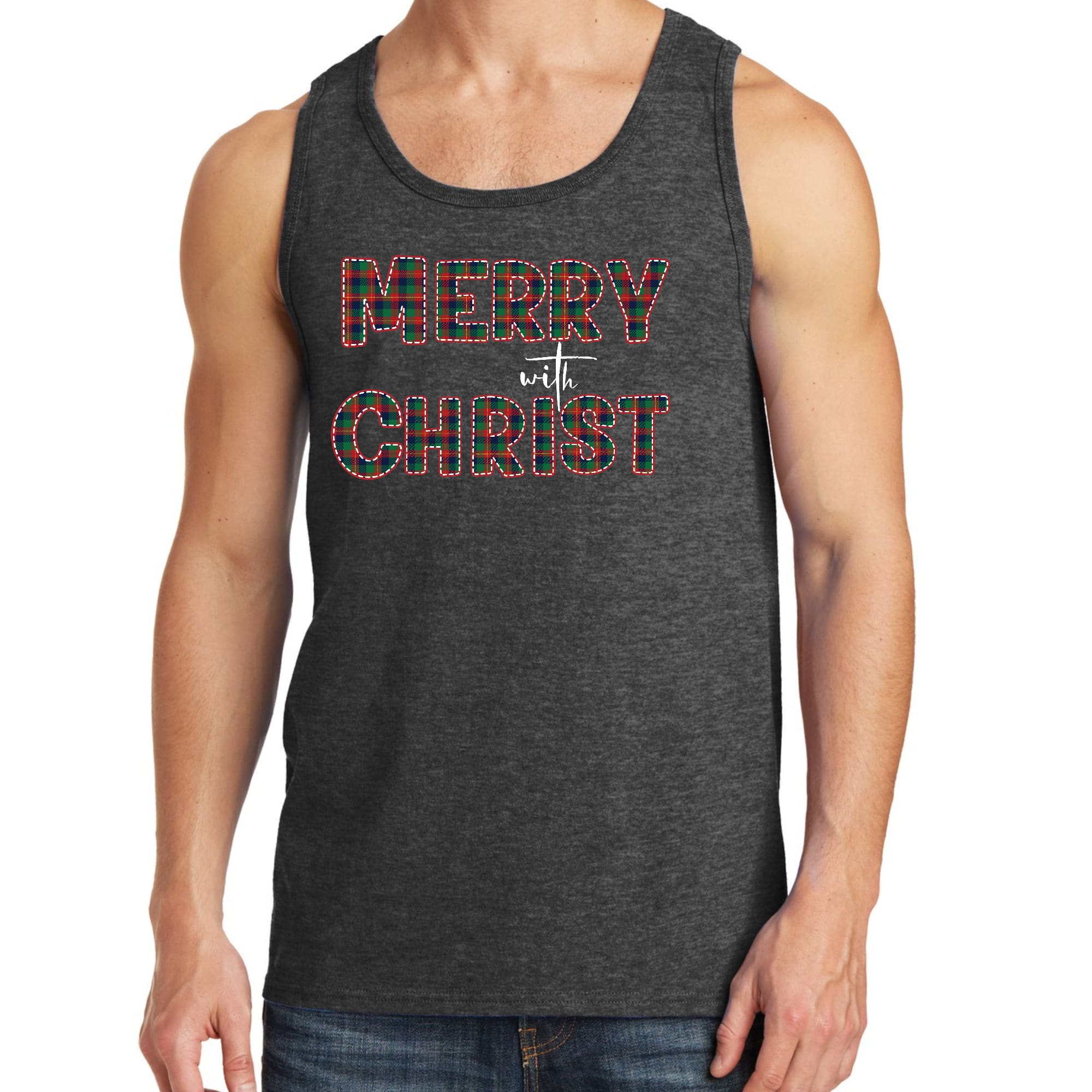 Mens Fitness Tank Top Graphic T-shirt Merry with Christ - Red