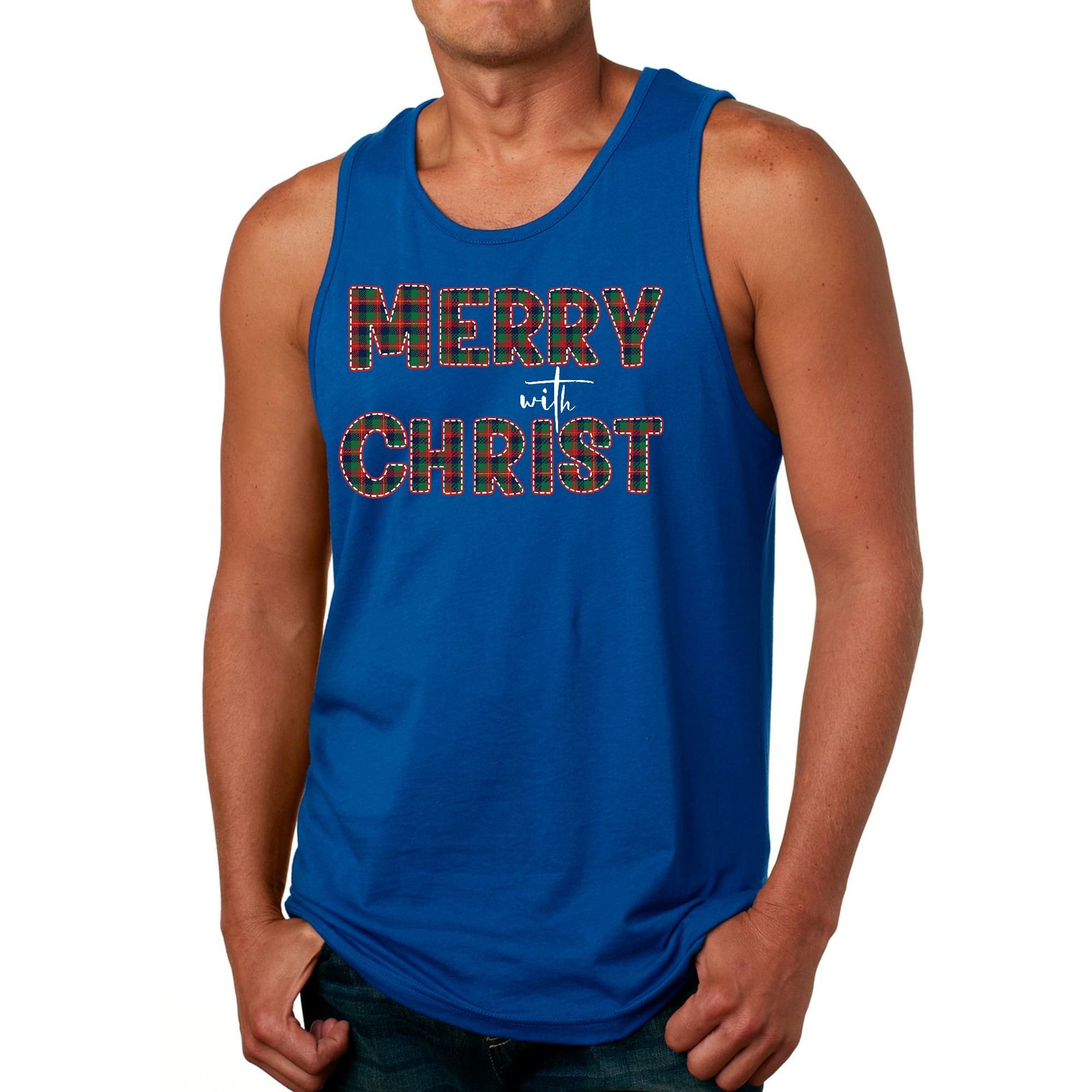 Mens Fitness Tank Top Graphic T-shirt Merry with Christ - Red