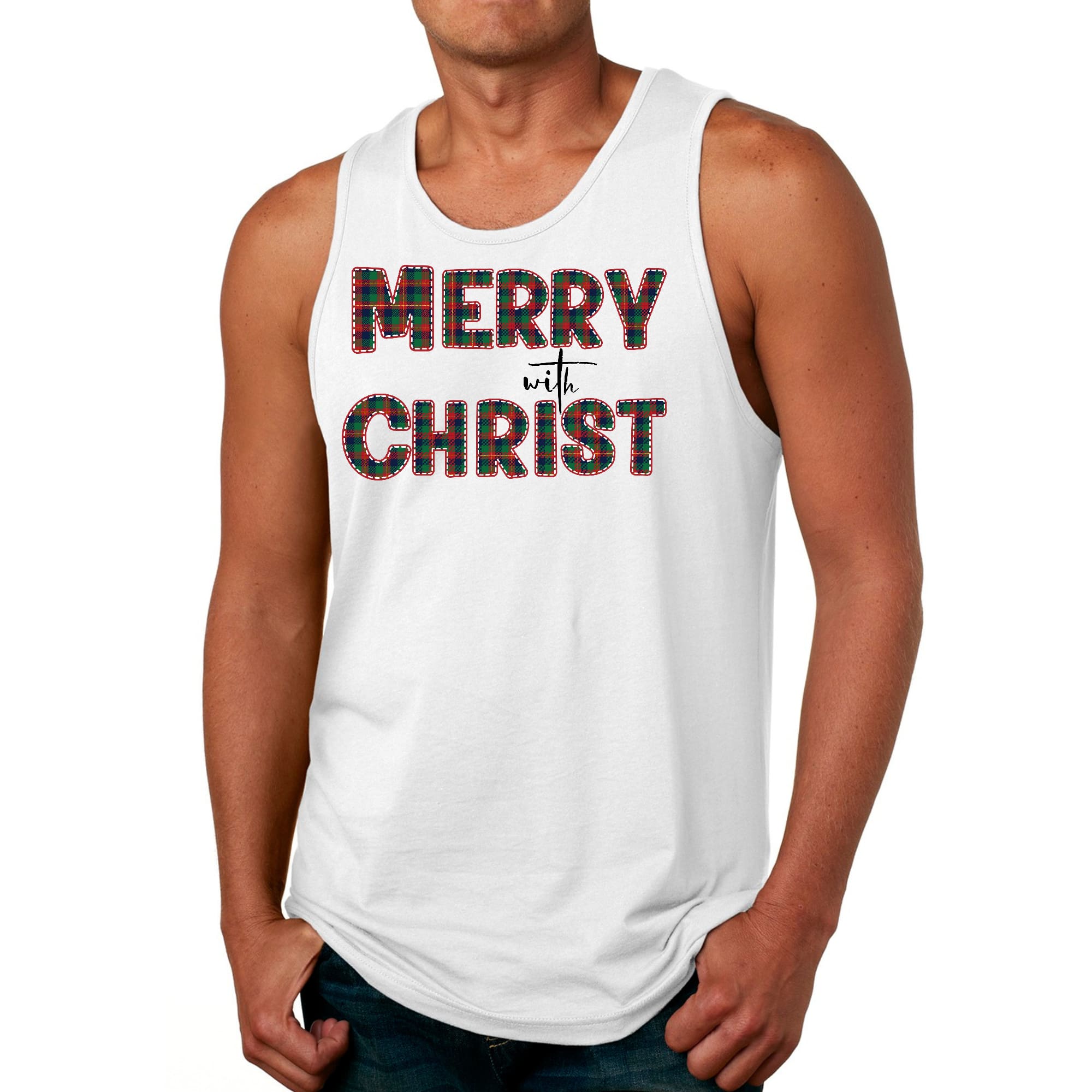 Mens Fitness Tank Top Graphic T-shirt Merry with Christ - Red