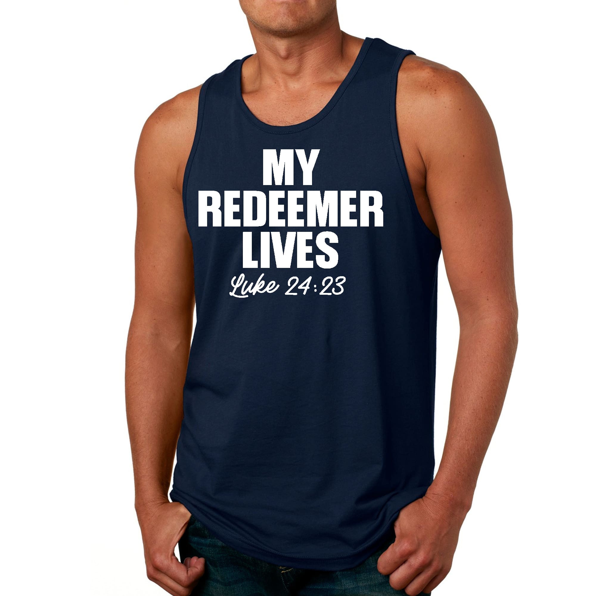 Mens Fitness Tank Top Graphic T-shirt my Redeemer Lives Print