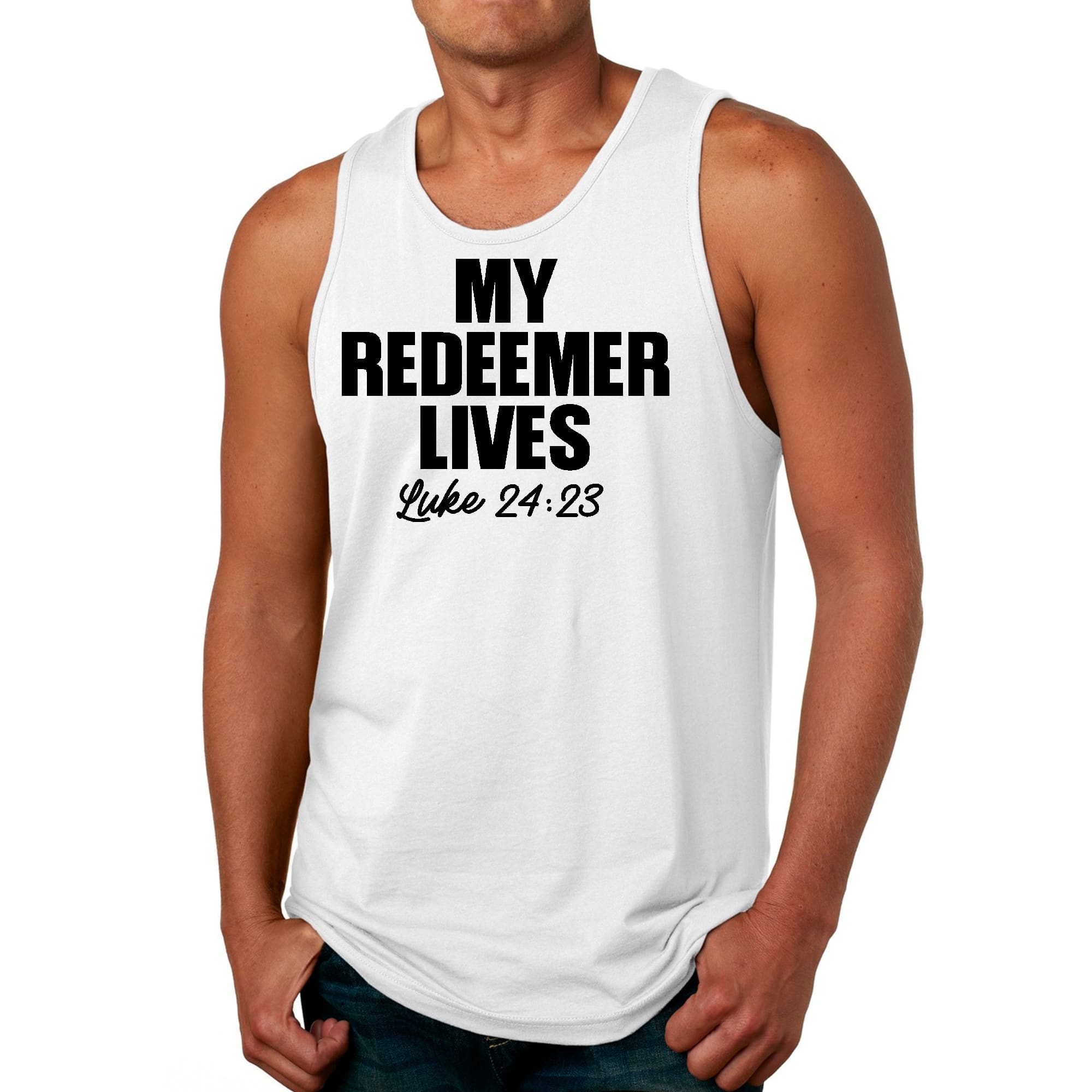 Mens Fitness Tank Top Graphic T-shirt my Redeemer Lives Print