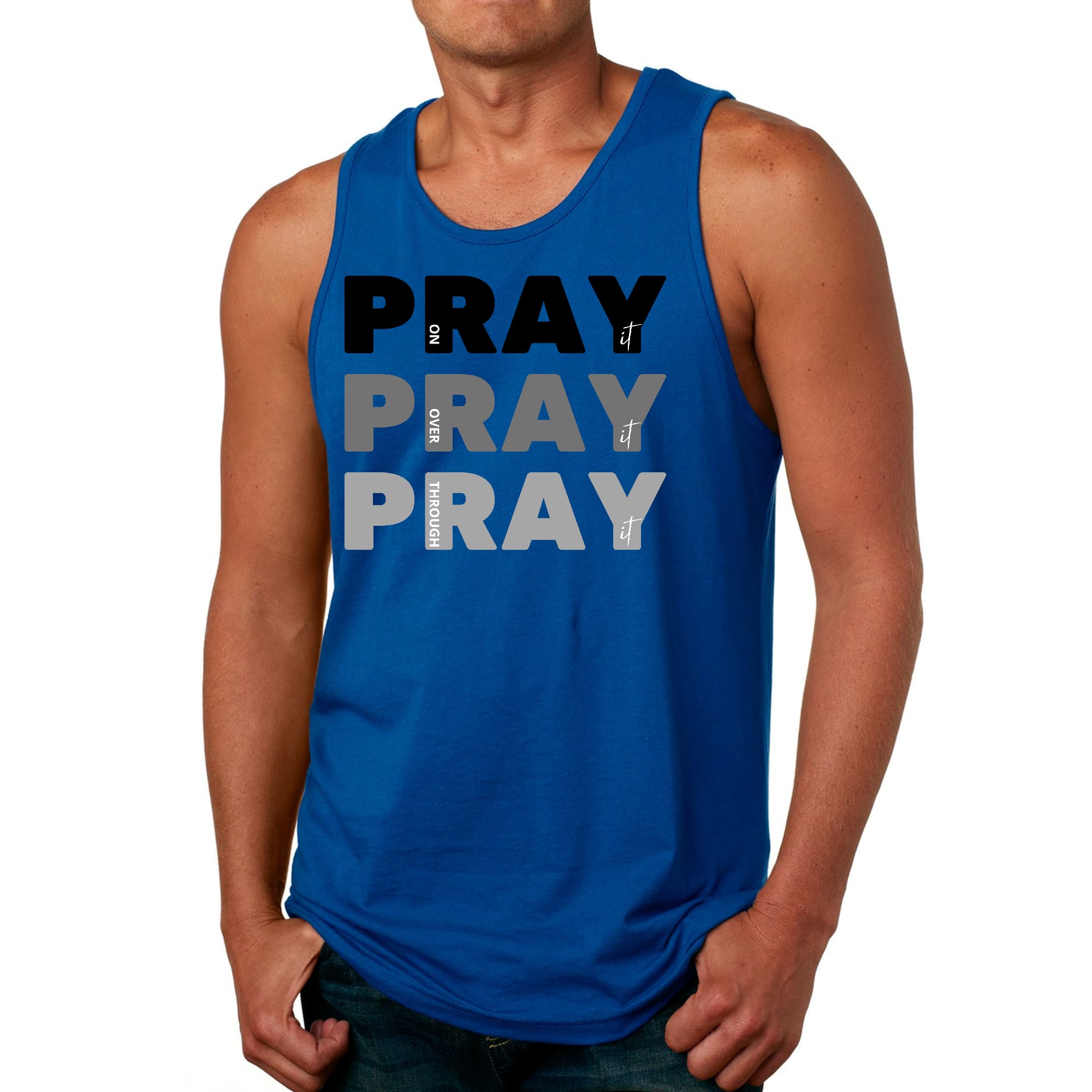 Mens Fitness Tank Top Graphic T-shirt Pray on it Over it Through