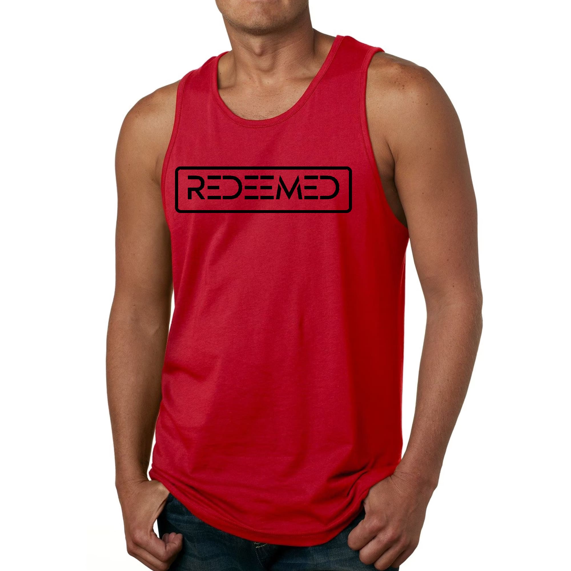 Mens Fitness Tank Top Graphic T-shirt Redeemed Black Illustration