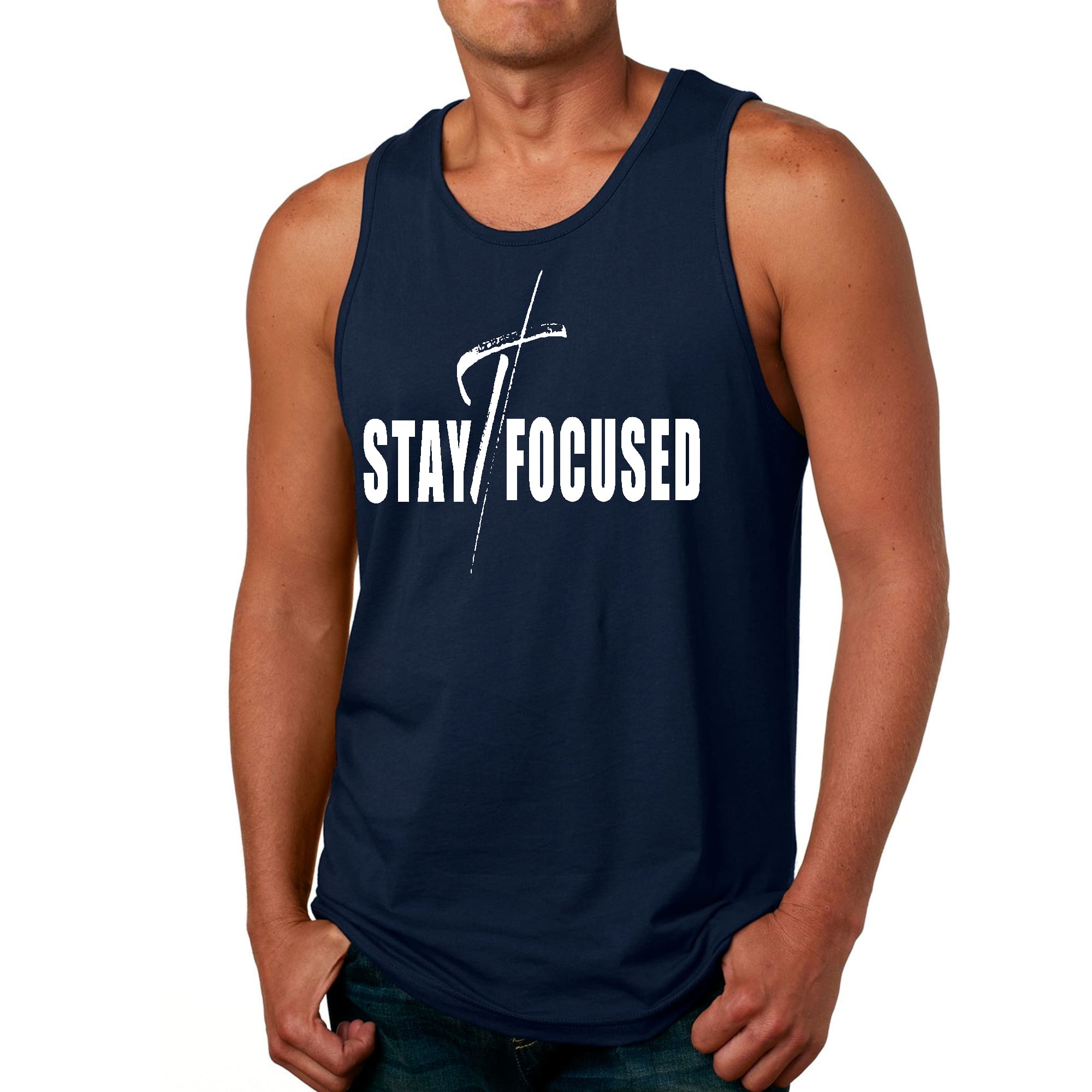 Mens Fitness Tank Top Graphic T-shirt Stay Focused White Print