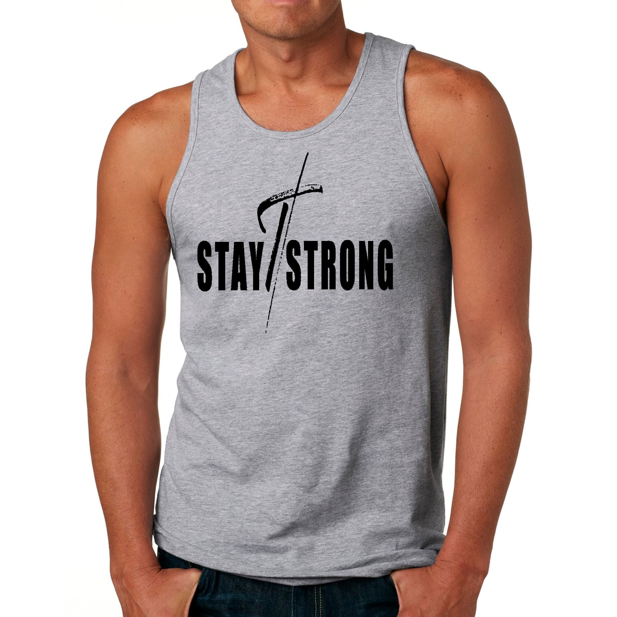 Mens Fitness Tank Top Graphic T-shirt Stay Strong with Cross Black
