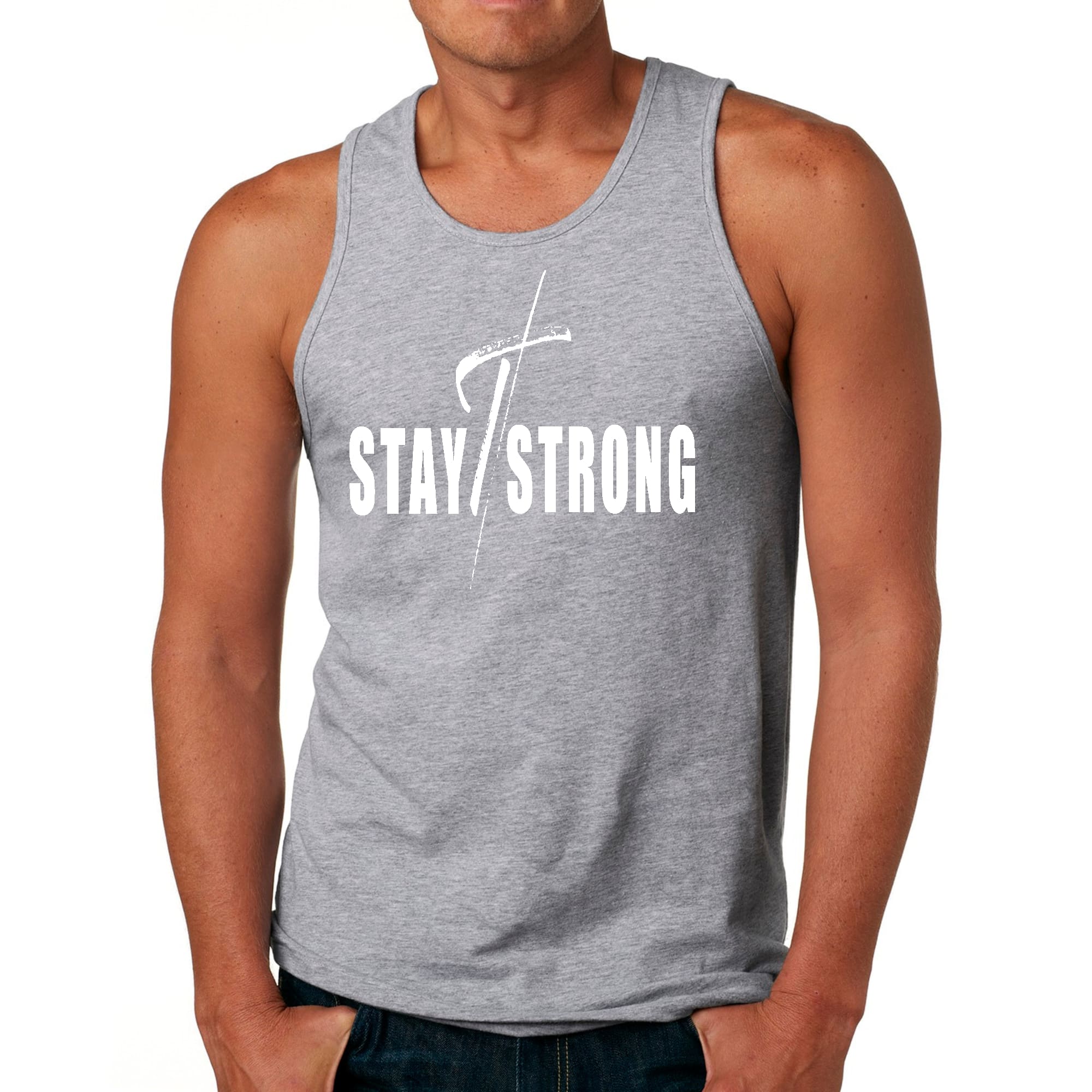 Mens Fitness Tank Top Graphic T-shirt Stay Strong with Cross White
