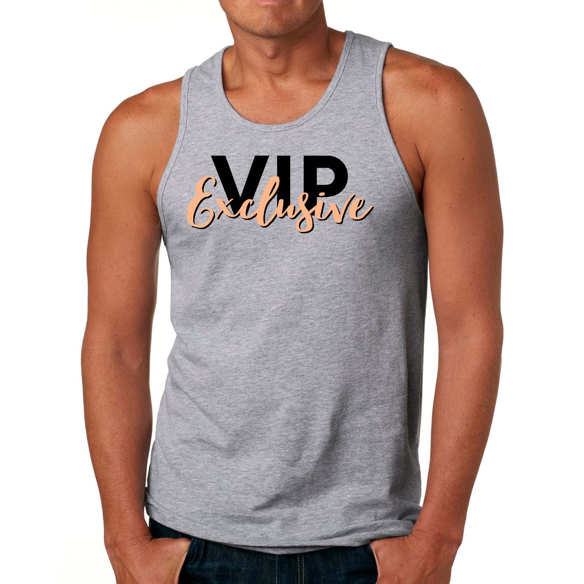 Mens Fitness Tank Top Graphic T-shirt Vip Exclusive Black and Beige -