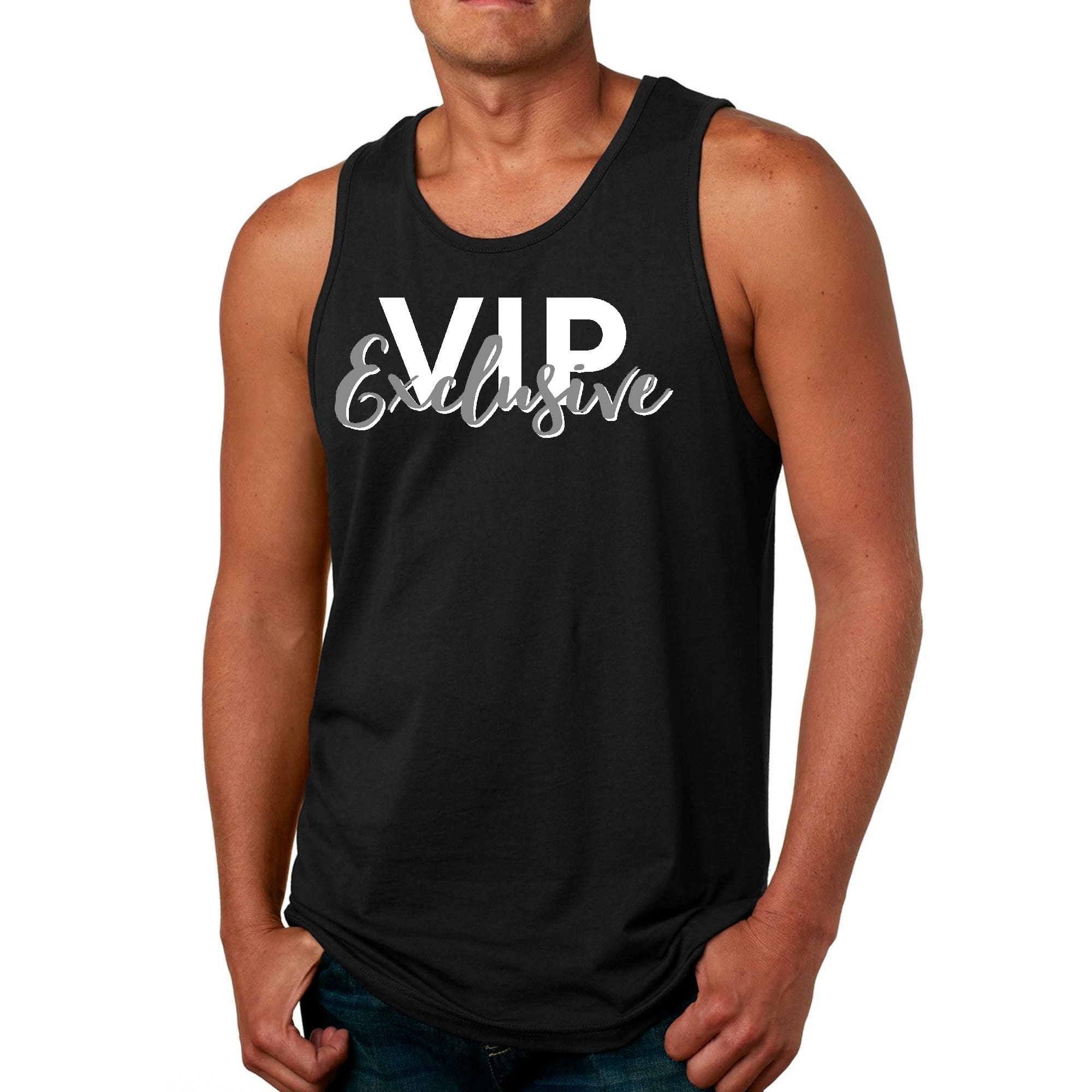 Mens Fitness Tank Top Graphic T-shirt Vip Exclusive Grey and White -