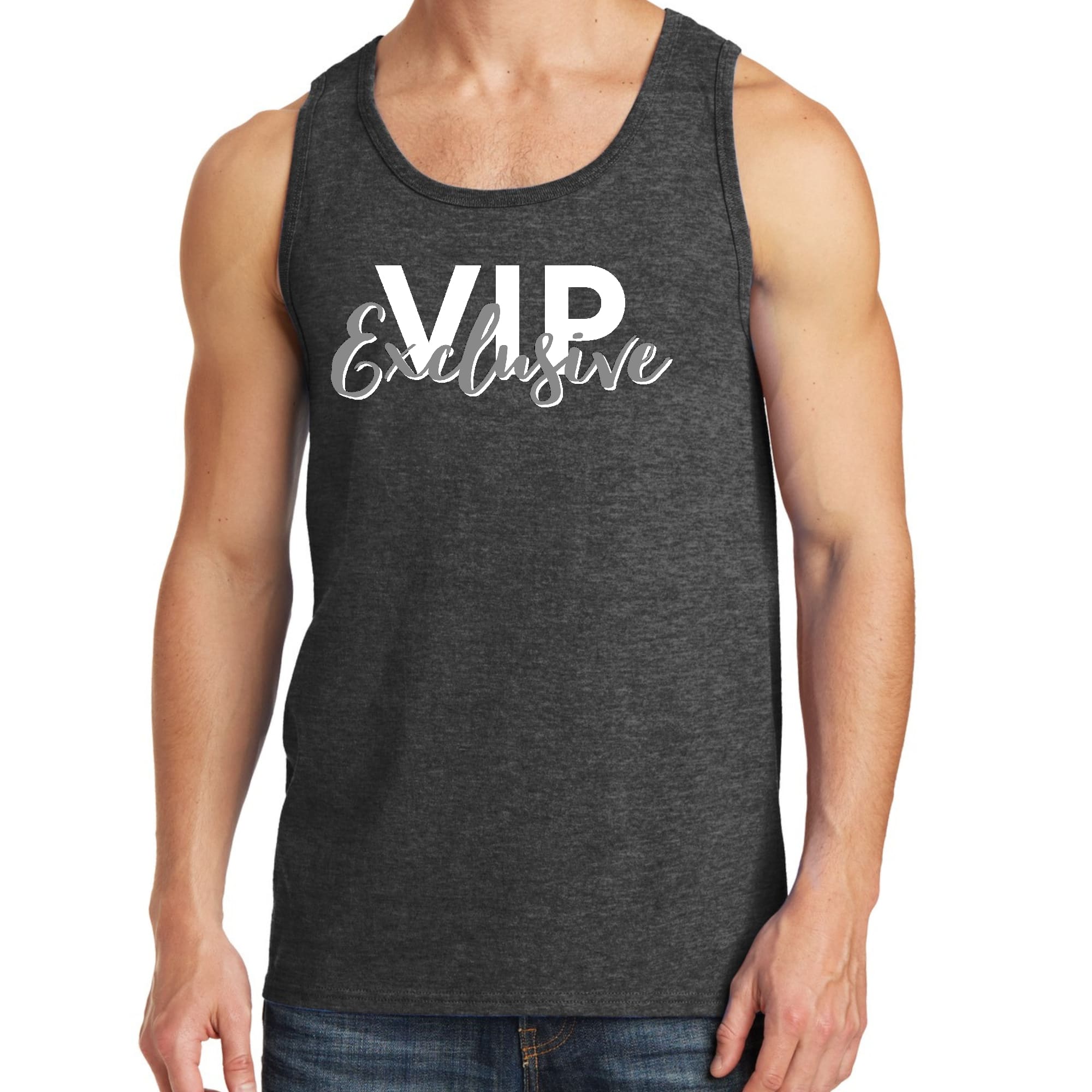 Mens Fitness Tank Top Graphic T-shirt Vip Exclusive Grey and White -