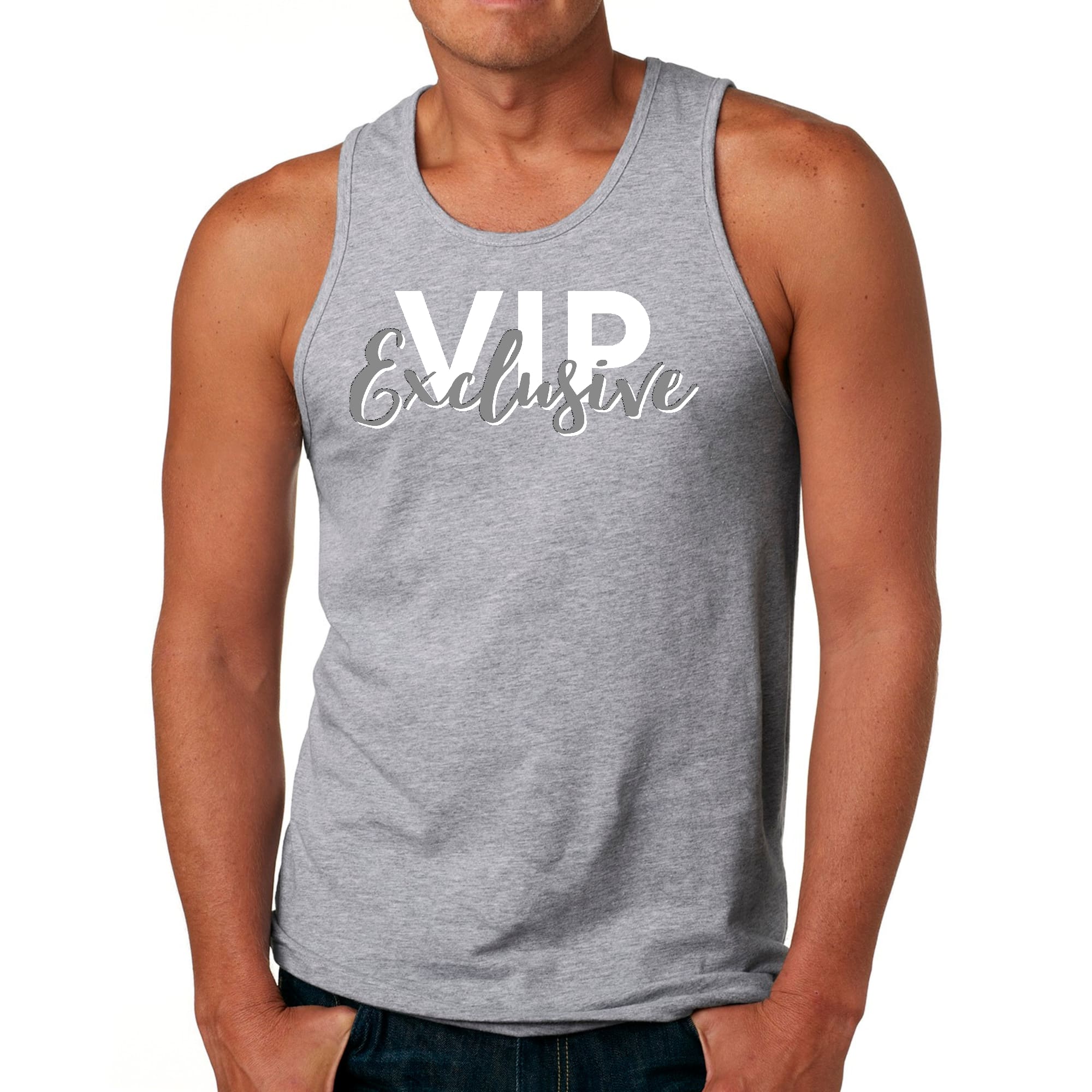 Mens Fitness Tank Top Graphic T-shirt Vip Exclusive Grey and White -