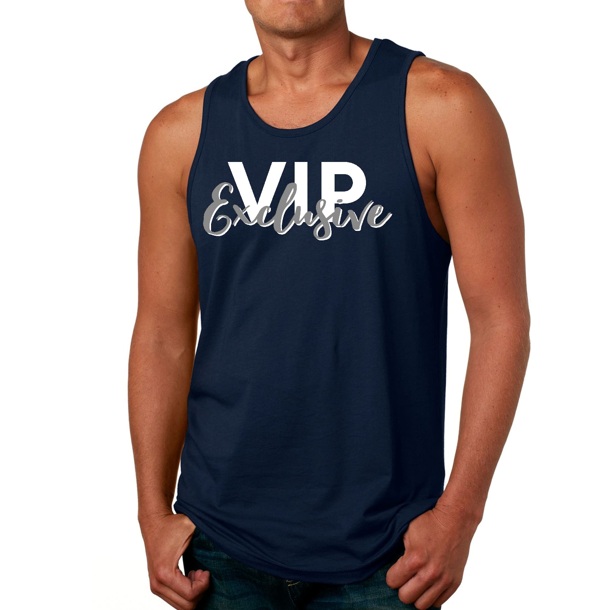 Mens Fitness Tank Top Graphic T-shirt Vip Exclusive Grey and White -