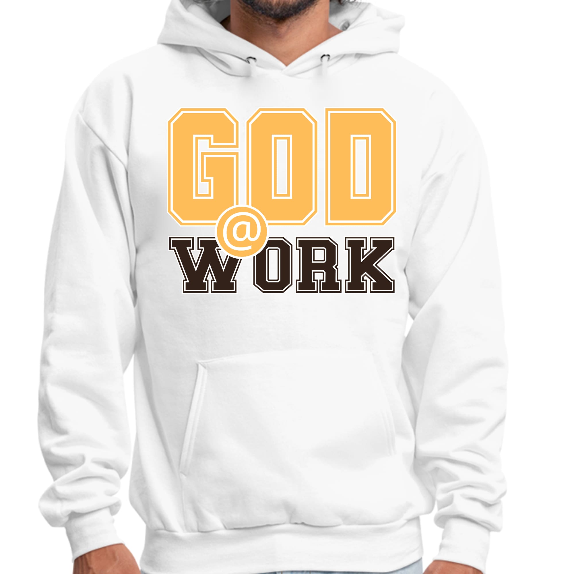 Mens Graphic Hoodie God @ Work Golden Yellow and Brown Print
