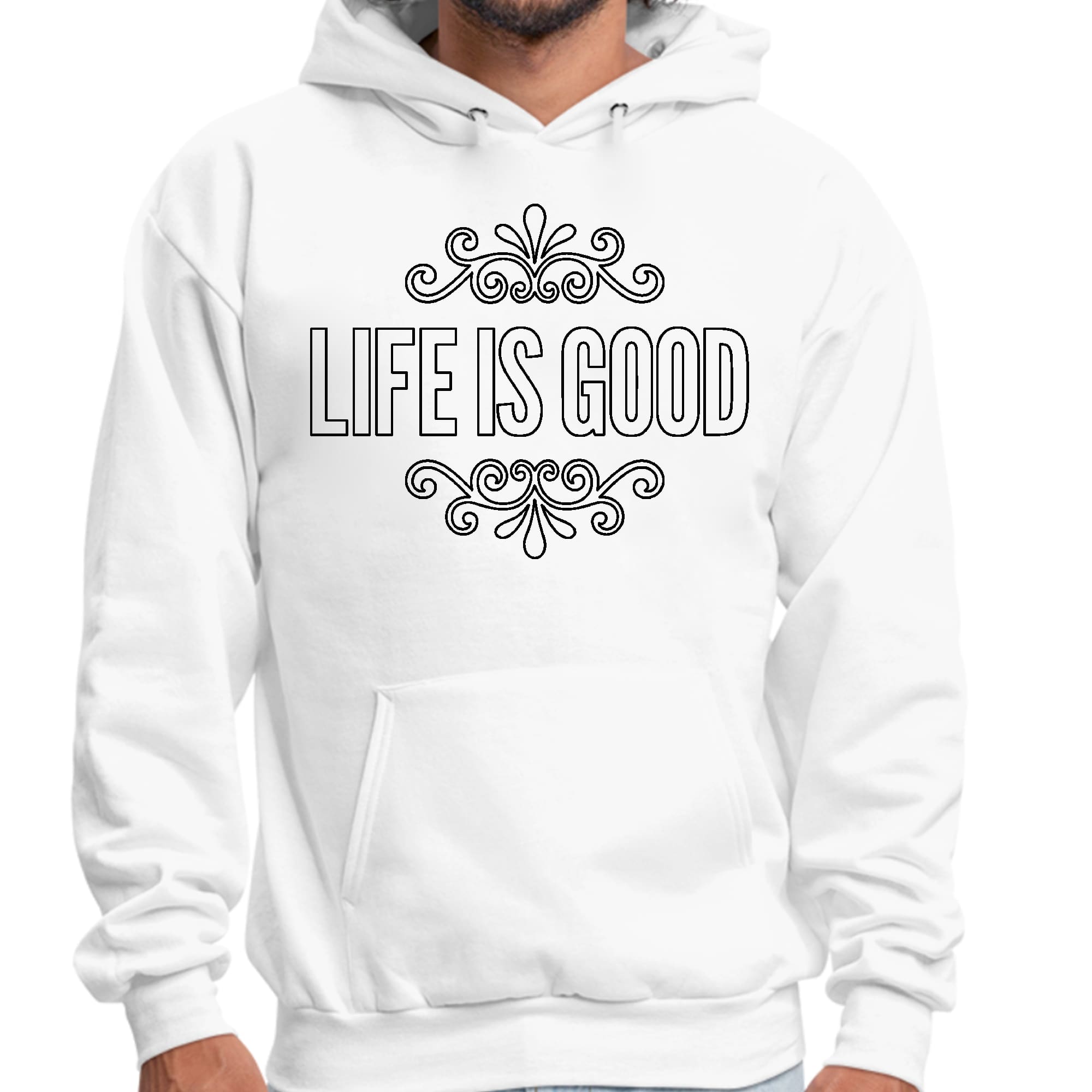 Mens Graphic Hoodie Life is Good Word Art Illustration - Black Outline