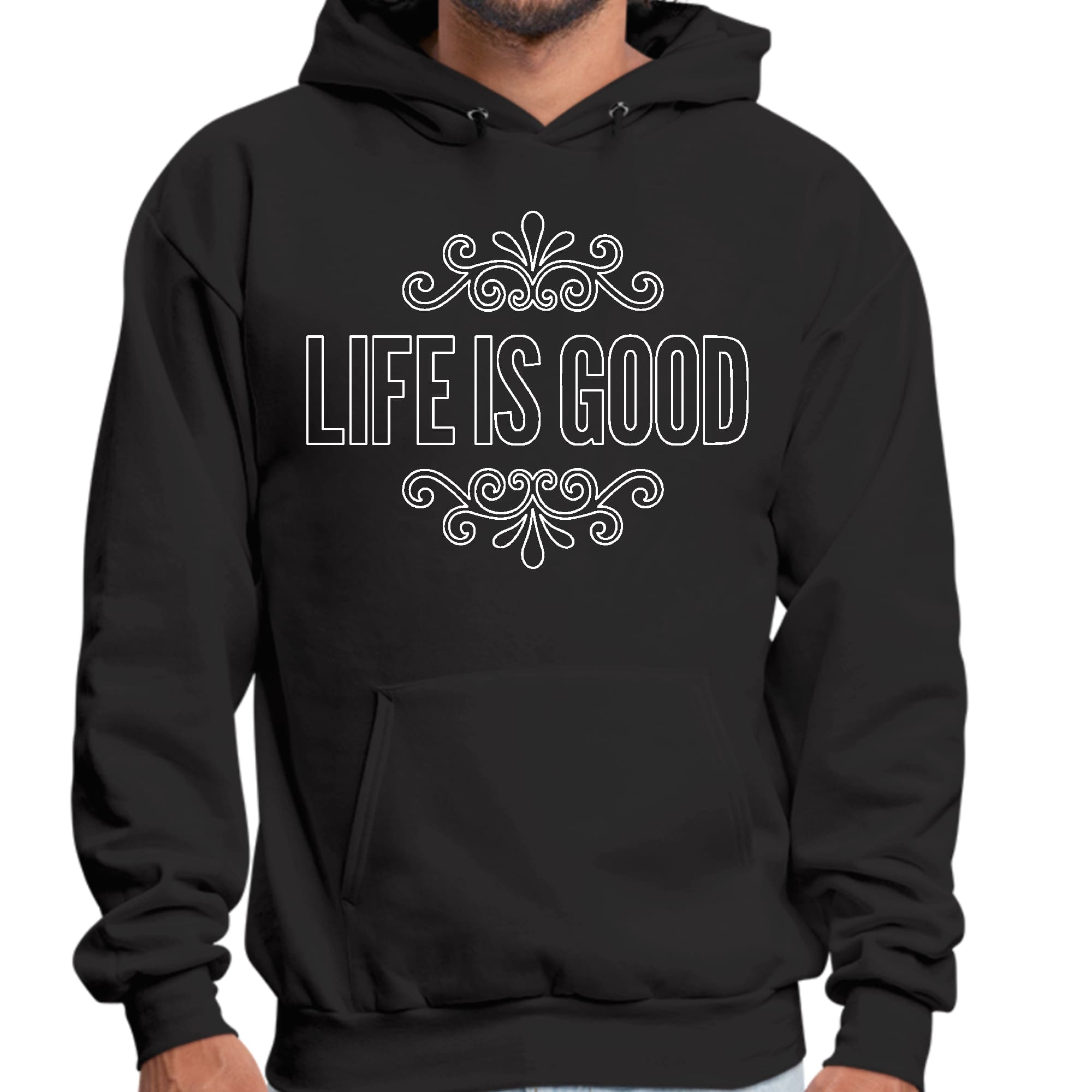 Mens Graphic Hoodie Life is Good Word Art Illustration - White Outline