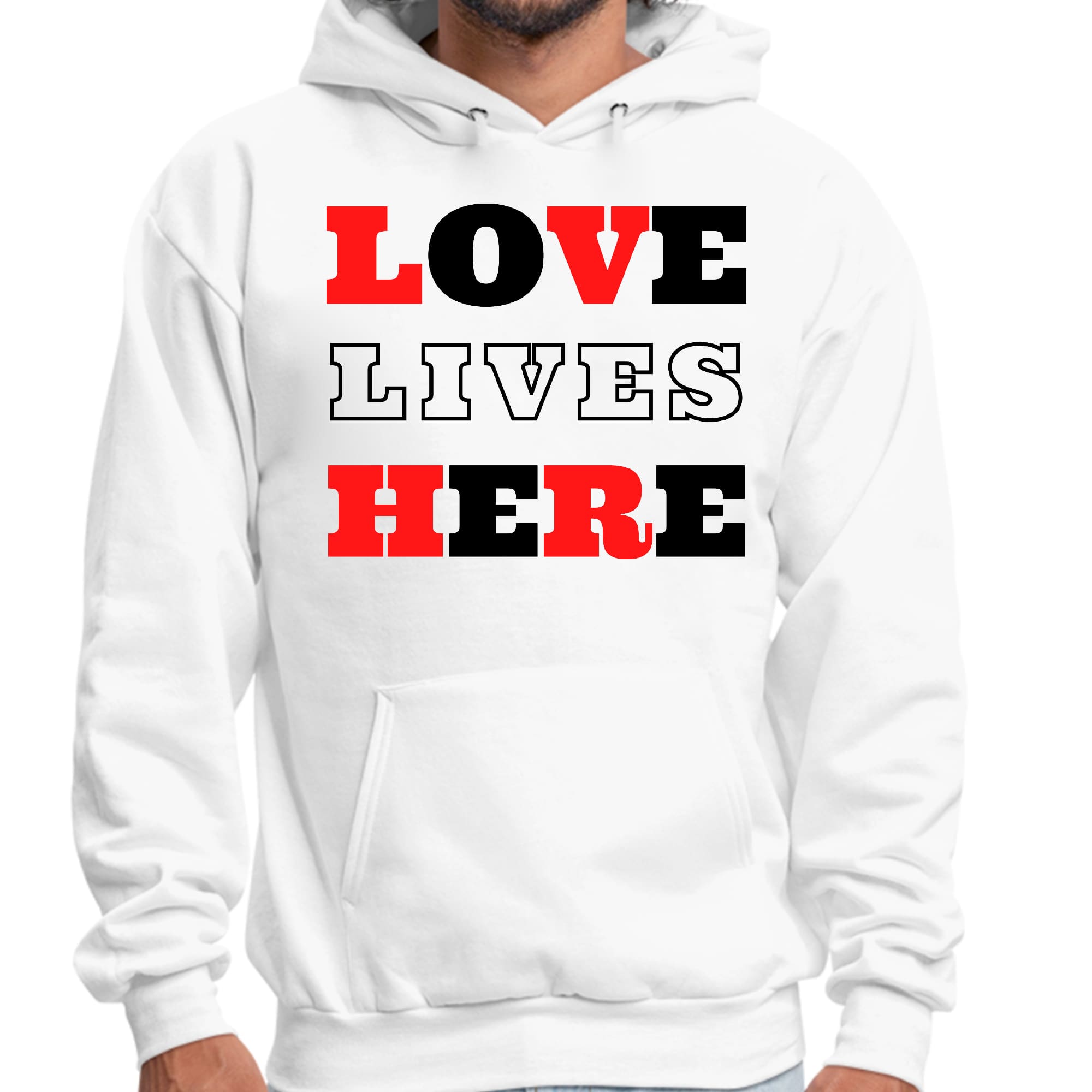 Mens Graphic Hoodie Love Lives Here Christian Red Black Illustration