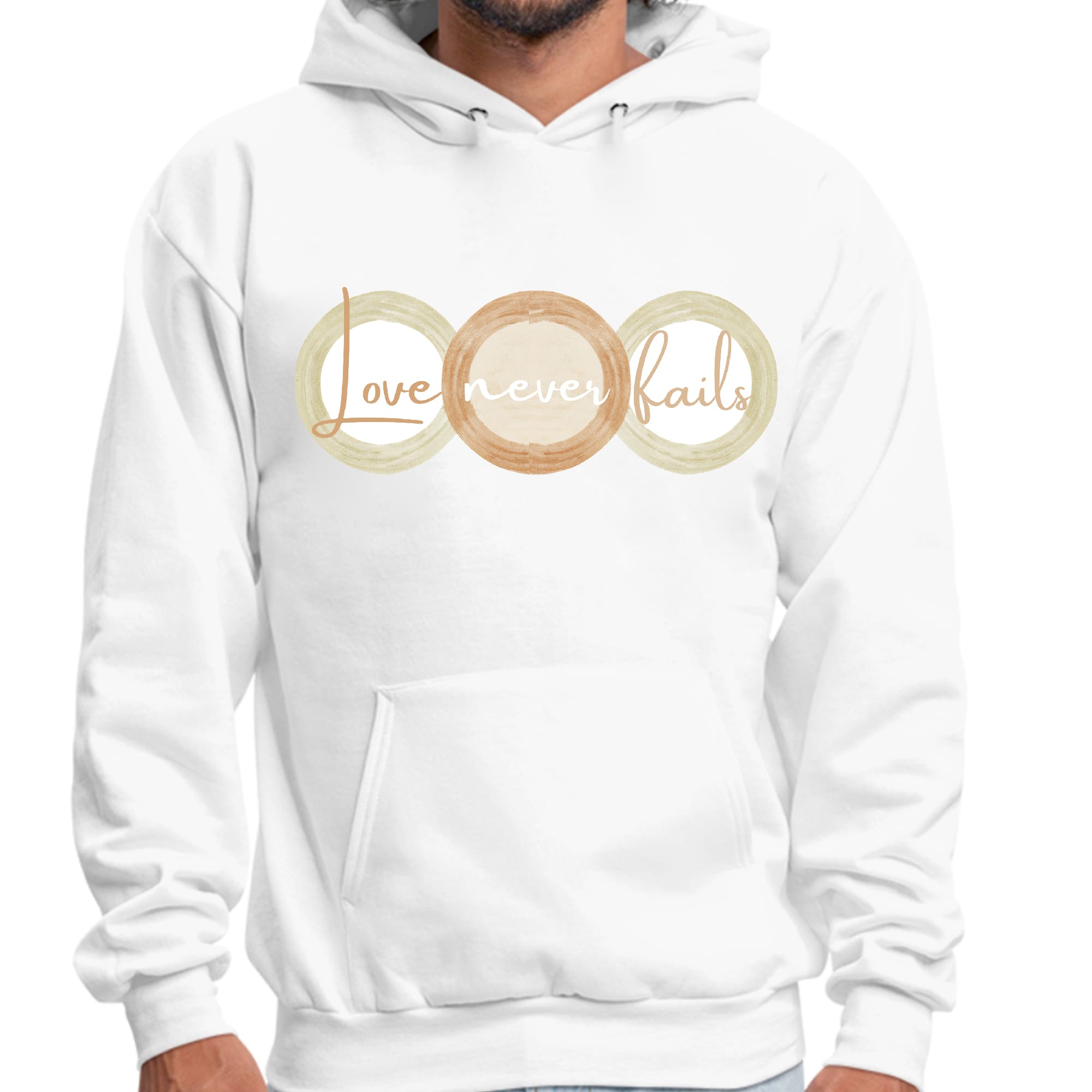 Mens Graphic Hoodie Love Never Fails - Pastel Brown Beige Green Tri
