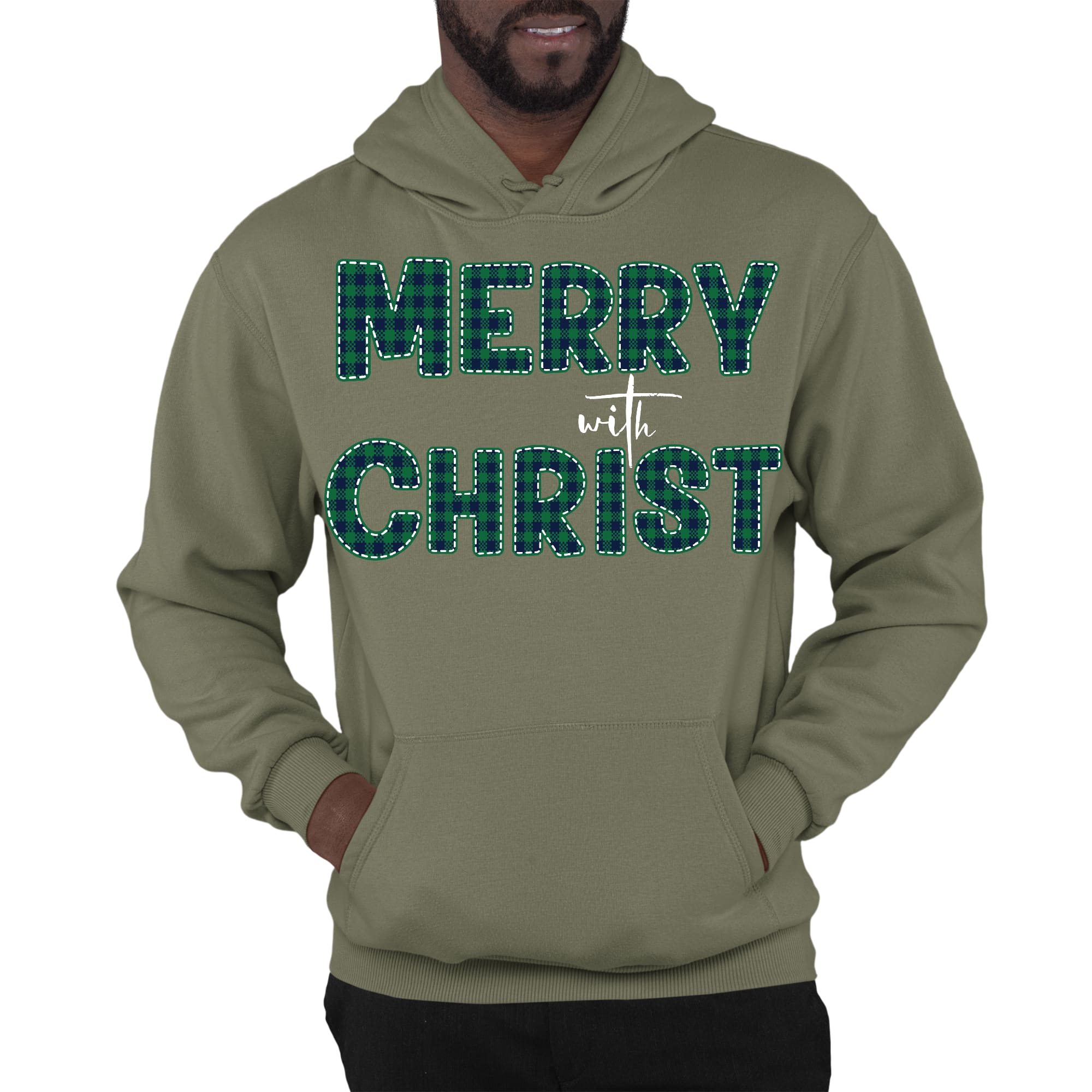 Mens Graphic Hoodie Merry with Christ - Green Plaid Christmas Holiday