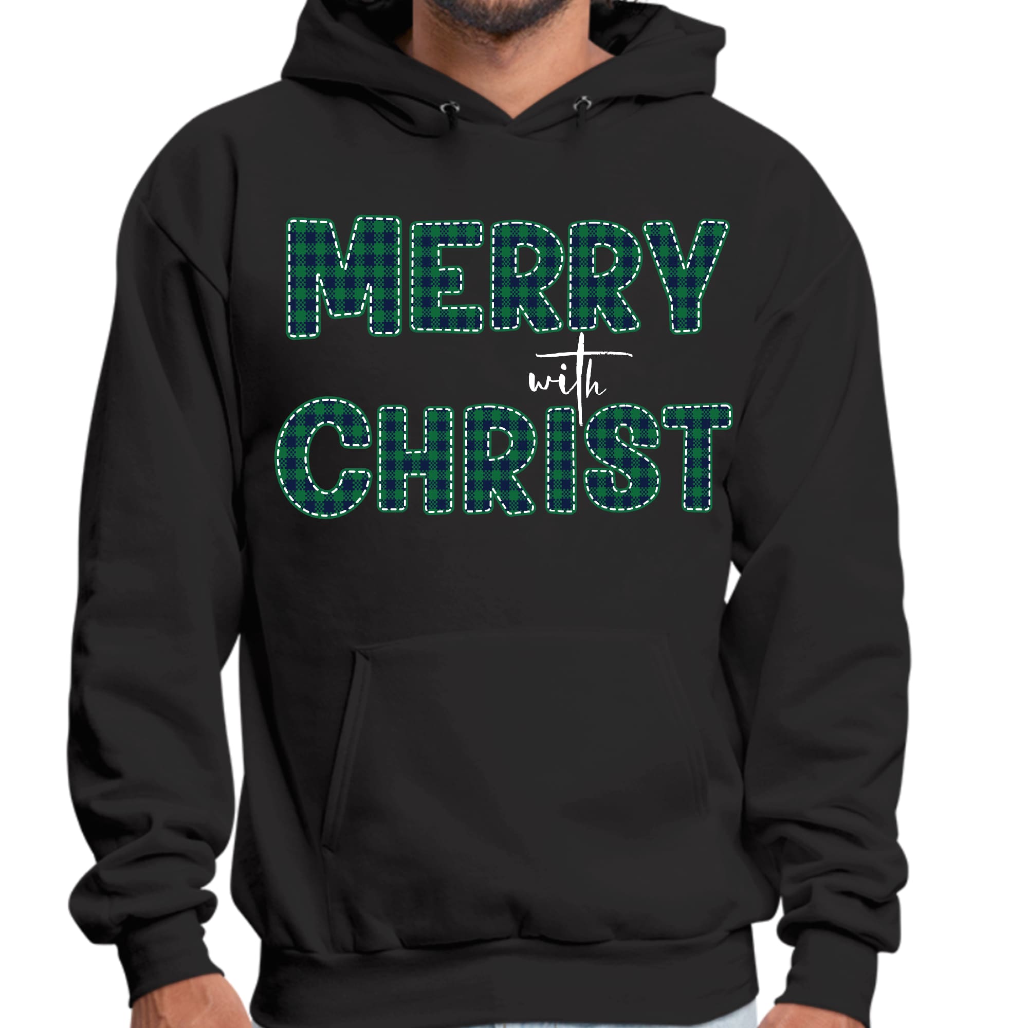 Mens Graphic Hoodie Merry with Christ - Green Plaid Christmas Holiday