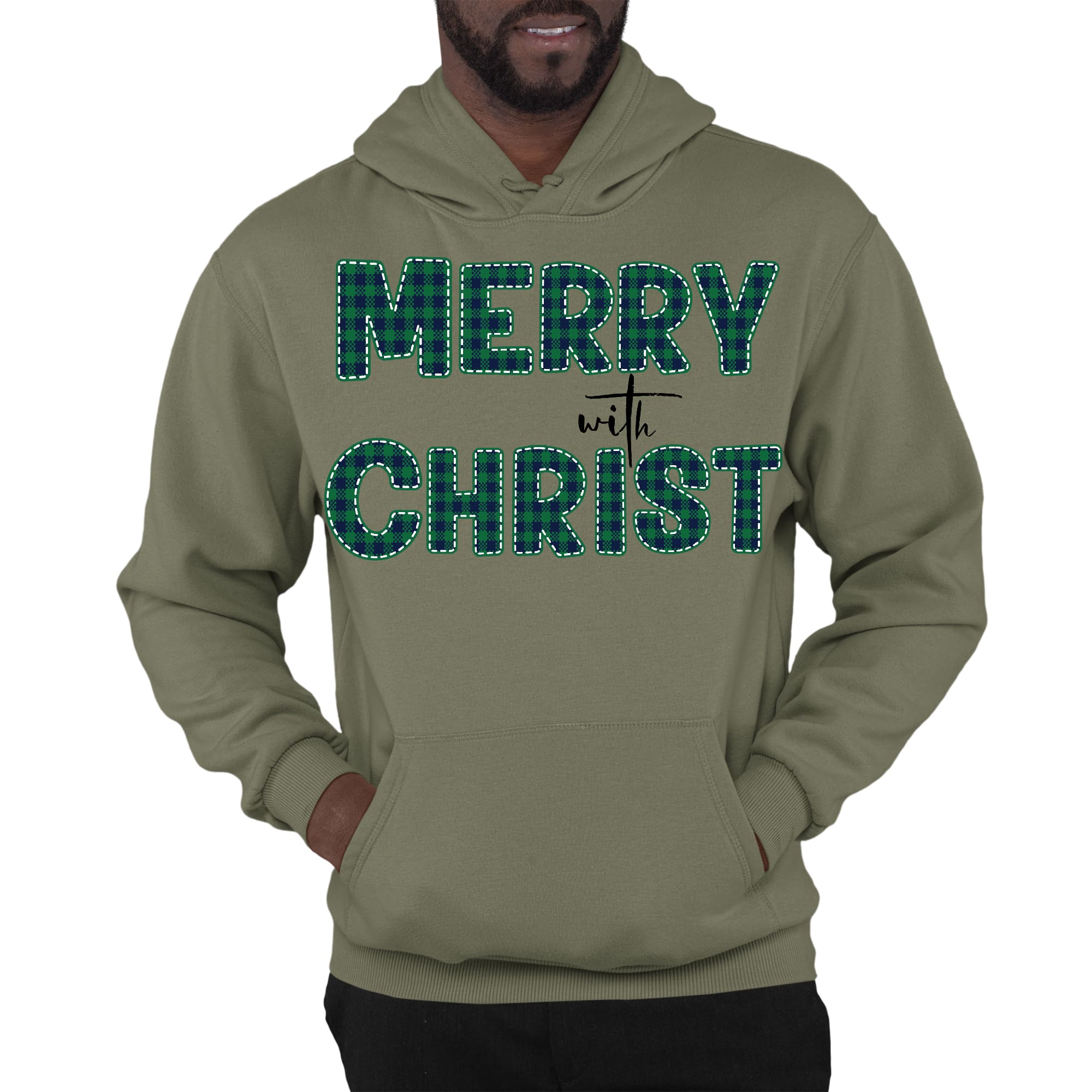 Mens Graphic Hoodie Merry with Christ - Green Plaid Christmas Holiday