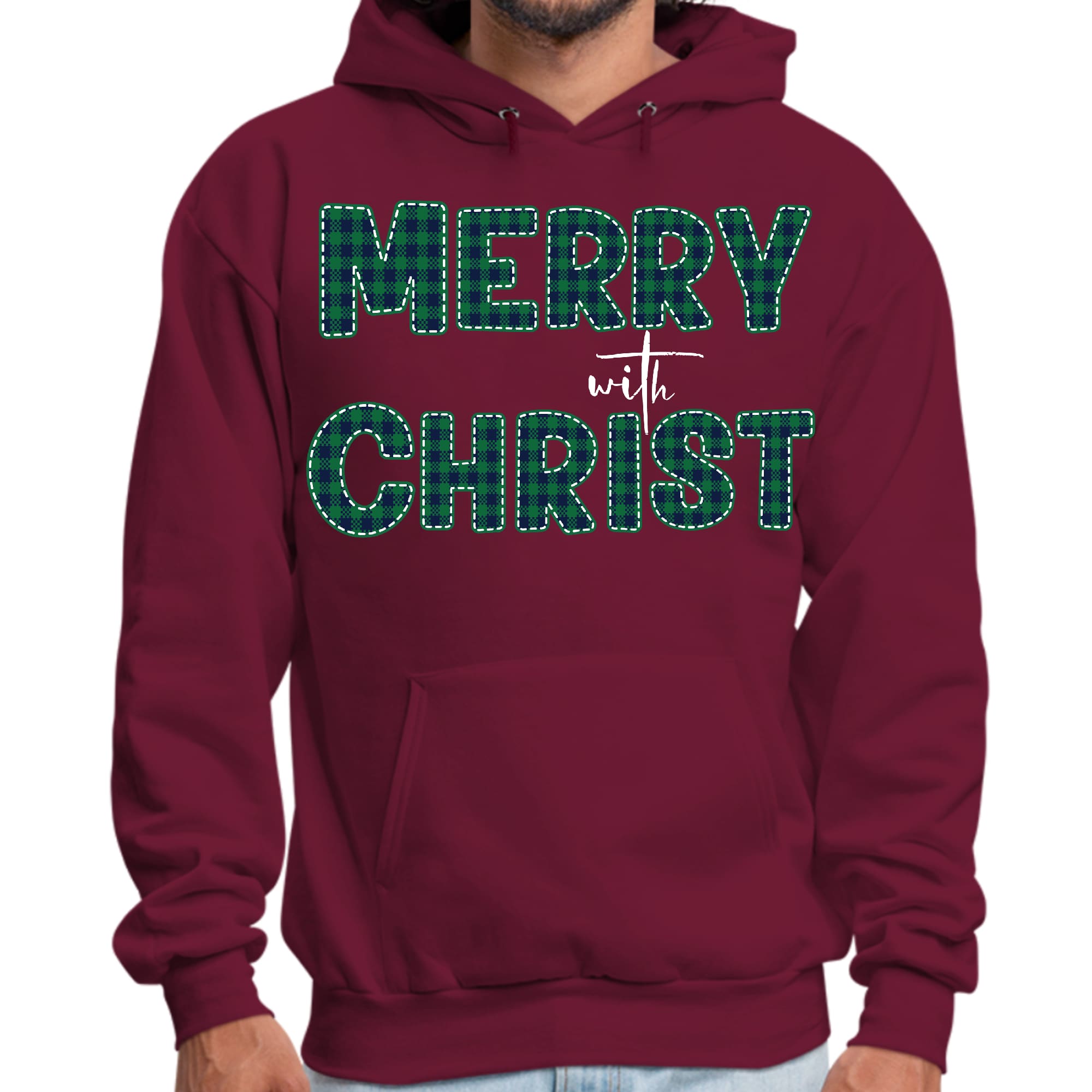 Mens Graphic Hoodie Merry with Christ - Green Plaid Christmas Holiday