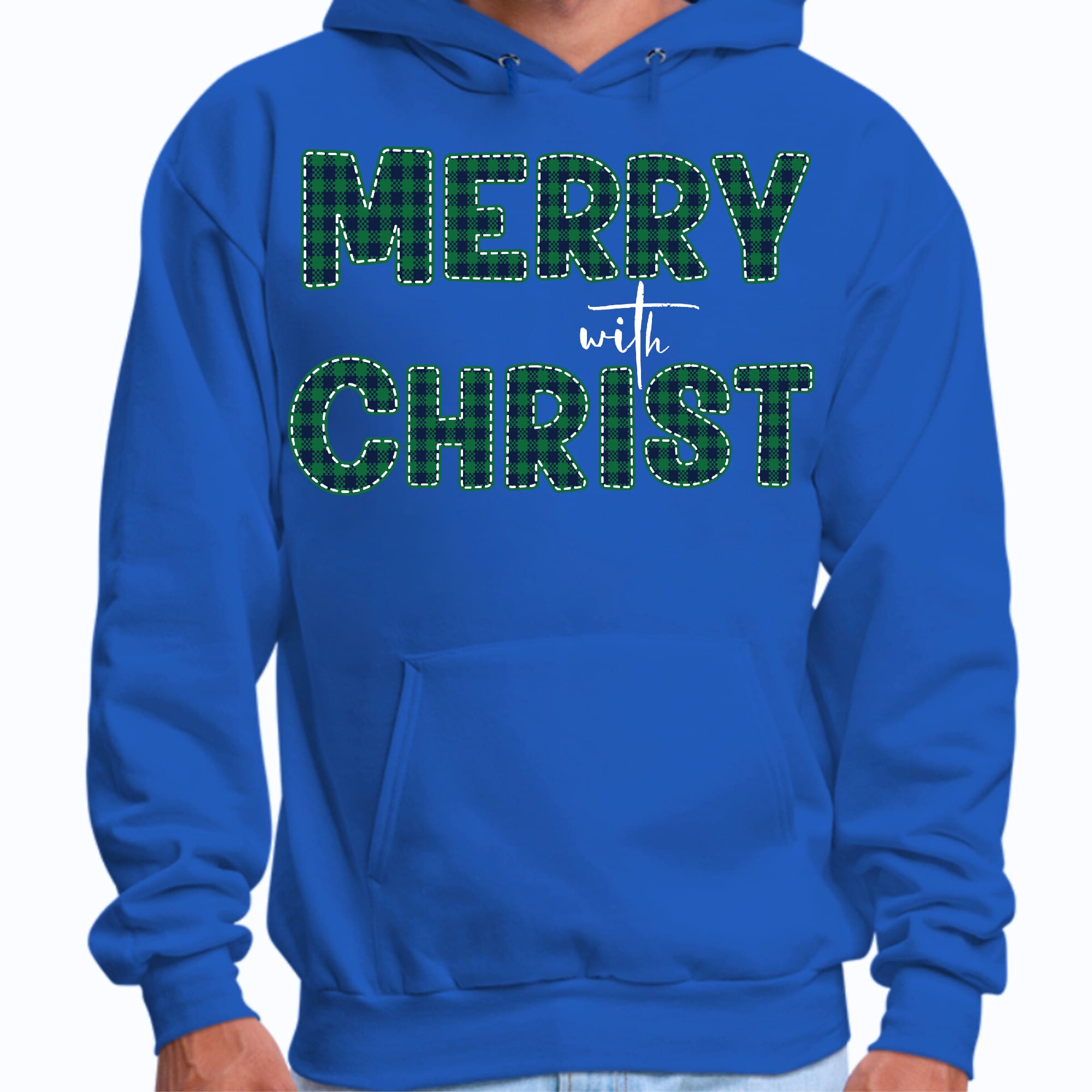 Mens Graphic Hoodie Merry with Christ - Green Plaid Christmas Holiday