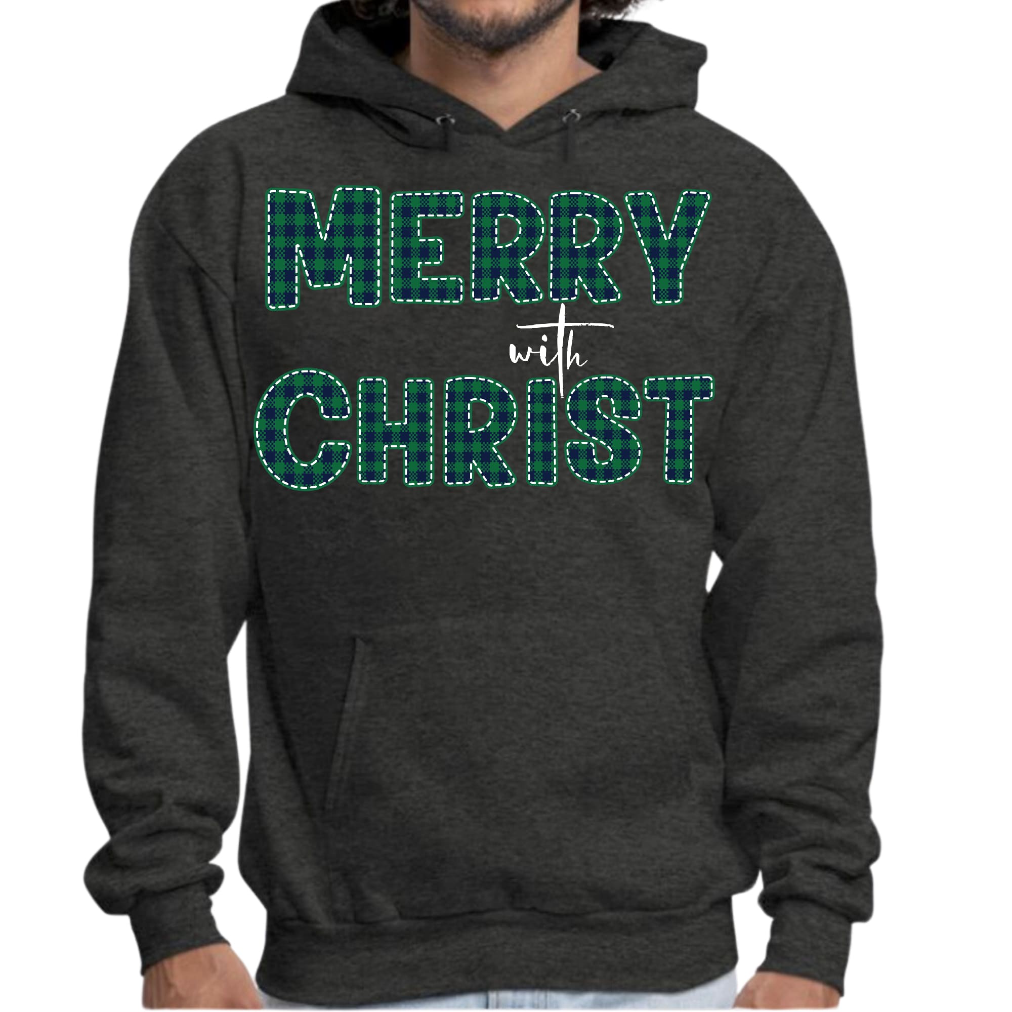 Mens Graphic Hoodie Merry with Christ - Green Plaid Christmas Holiday