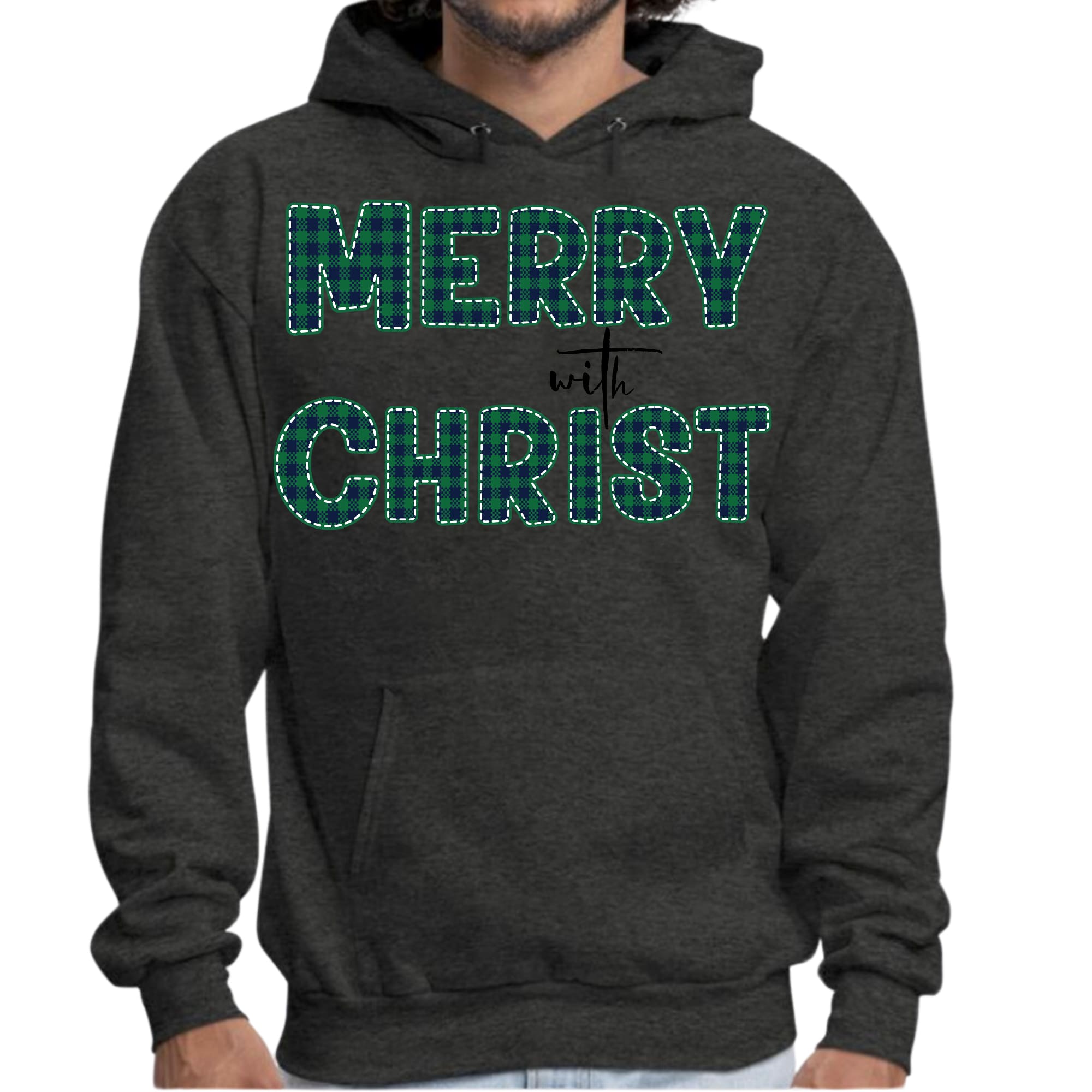 Mens Graphic Hoodie Merry with Christ - Green Plaid Christmas Holiday