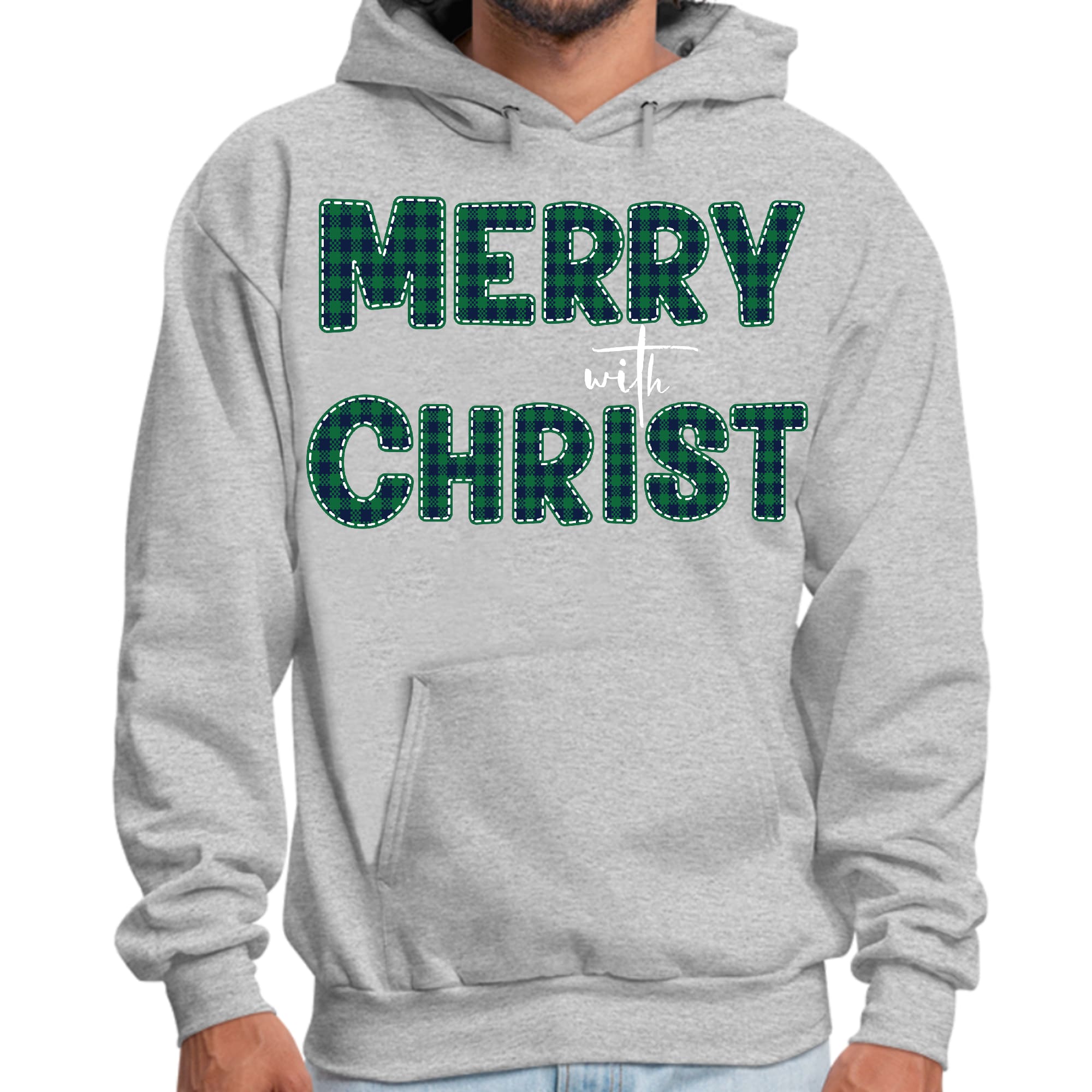 Mens Graphic Hoodie Merry with Christ - Green Plaid Christmas Holiday