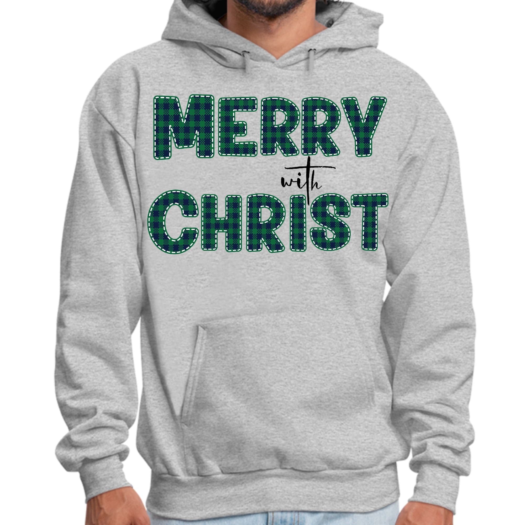 Mens Graphic Hoodie Merry with Christ - Green Plaid Christmas Holiday