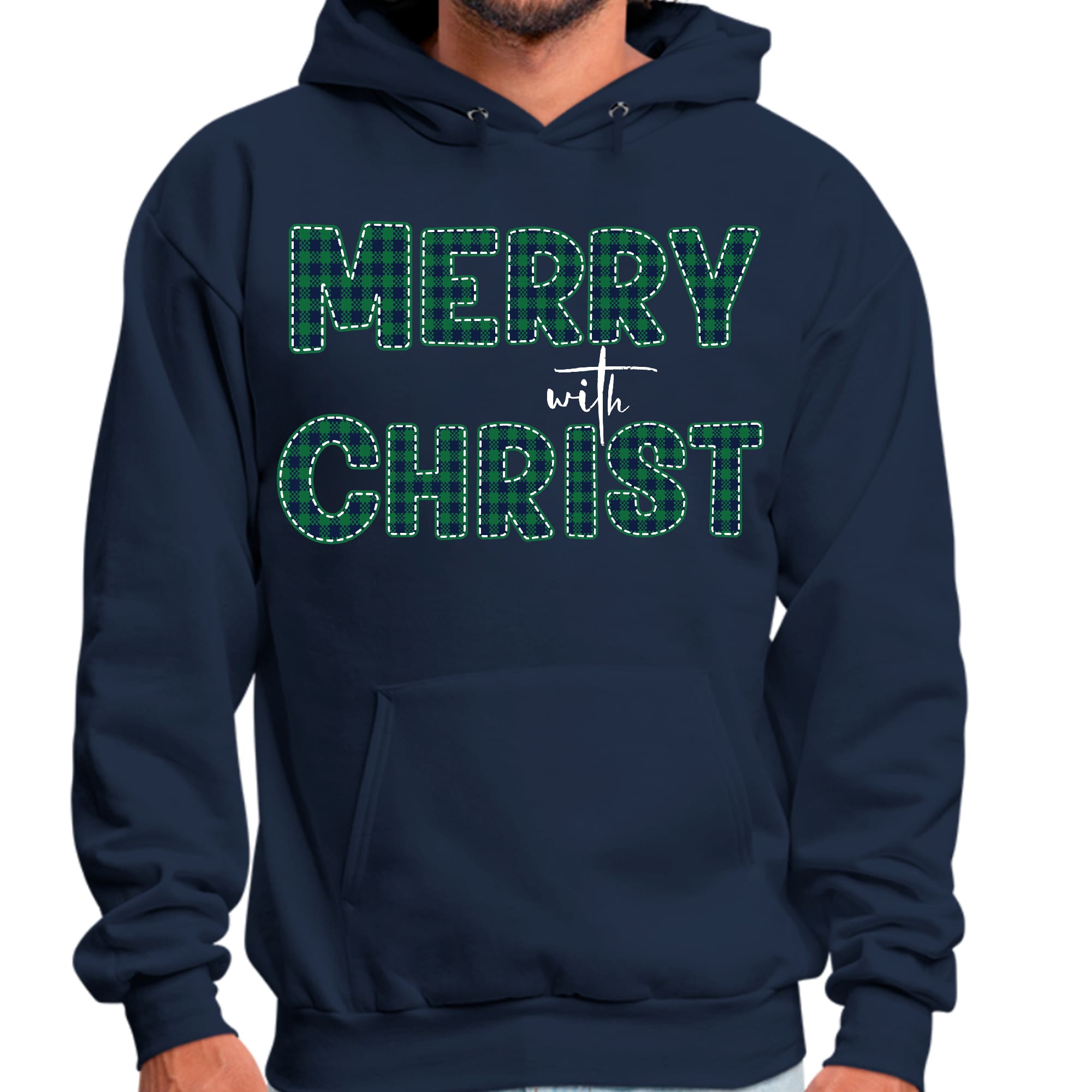Mens Graphic Hoodie Merry with Christ - Green Plaid Christmas Holiday